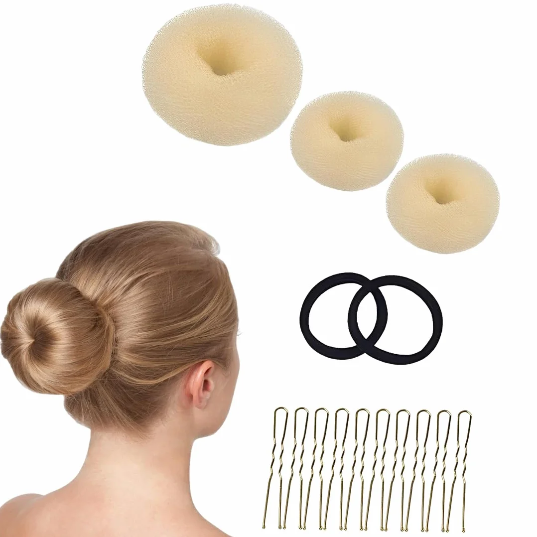 Donut Moño Kit 3 Piezas Beige, 10 Horquillas Doradas, Accesorios de Peinado para Bailarinas