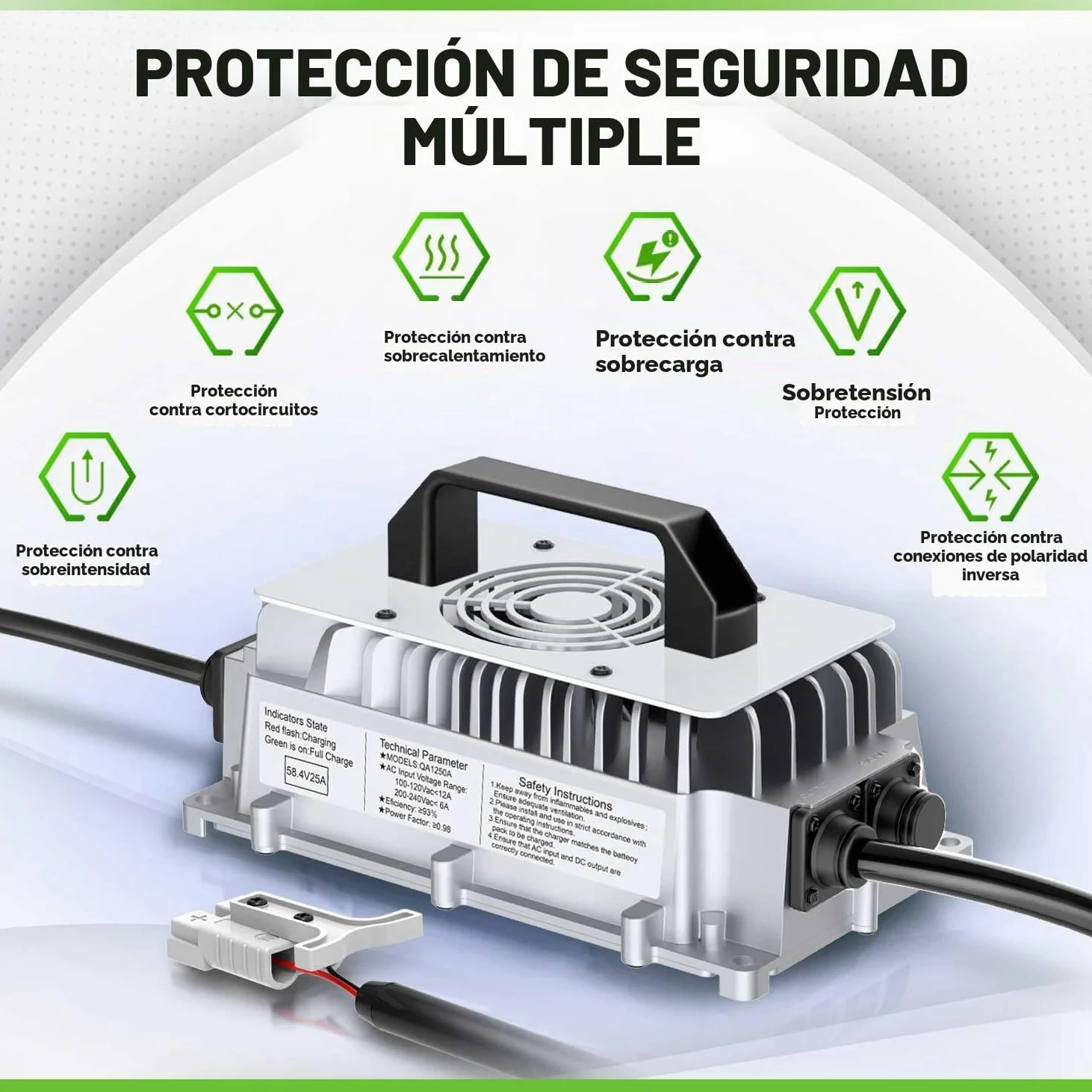 58,4V 25A Cargador de batería LiFePO4 para baterías Recargables de Ciclo Profundo de fosfato de Hierro y Litio de 48V (51,2V)