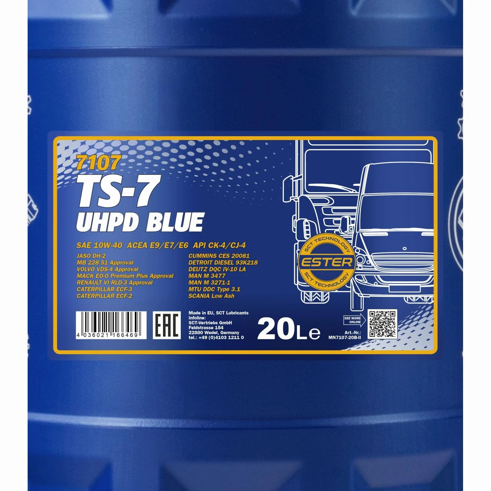 MANNOL Aceite de motor 10W-40 TS-7 ACEA E6 ACEA E9 API CJ-4 API CK-4 UHPD Blue 20L Compatible con VOLVO FMX II FH 16 FMX FH N 10