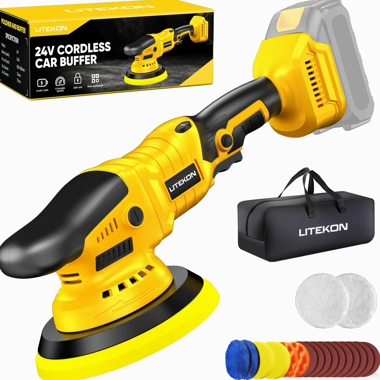 Kit de pulidor inalámbrico compatible con batería De-Walt de 20 V (sin batería), pulidora orbital de alta potencia de 2800-5800 RPM con velocidad variable, 21 accesorios de pulido, para pulido