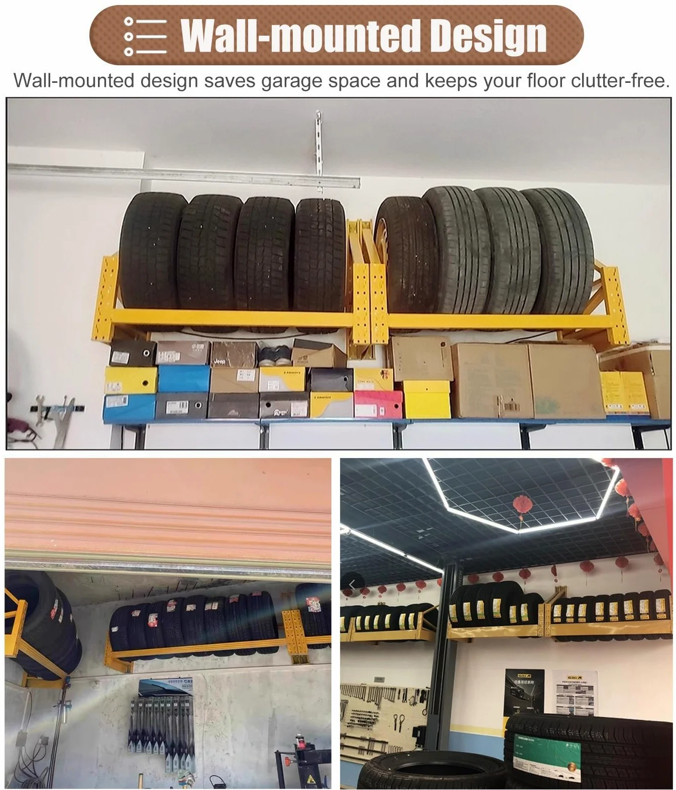 Estante de almacenamiento de neumáticos resistente para montaje en pared, soporte para neumáticos de garaje, estante organizador colgante de metal para sótano y tienda