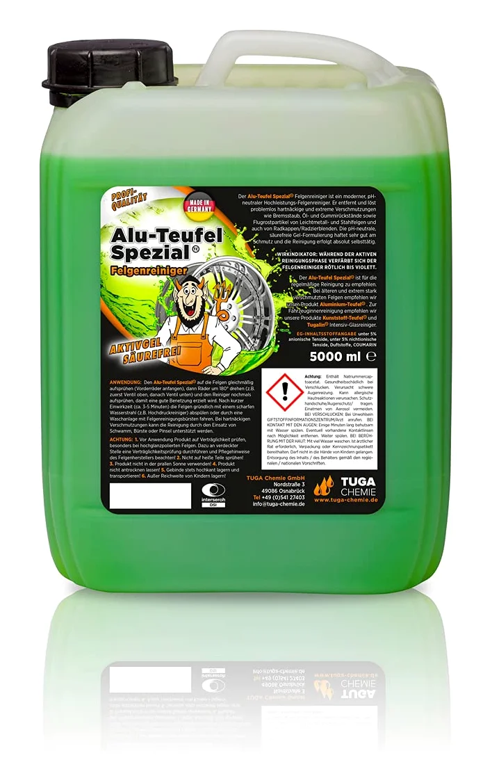 detailmate Juego de Limpieza de Llantas: 2X Tuga Chemie ALU-Teufel 5L + Limpiador de Llantas Nuke Guys Shiny Wheels con paño y manopla Lavado + Cepillo para Llantas ValetPRO + paño Microfibra 380GSM