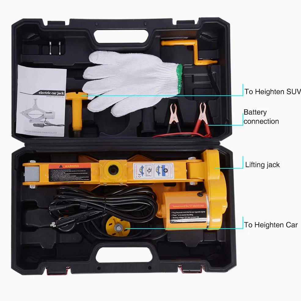 Gato Eléctrico de Coche 3T, 12V CC Gato eléctrico de Tijera Altura de elevación de Dos etapas (12-35cm y 17-42cm) con maletín de Almacenamiento y Guantes para SUV, Furgonetas, talleres