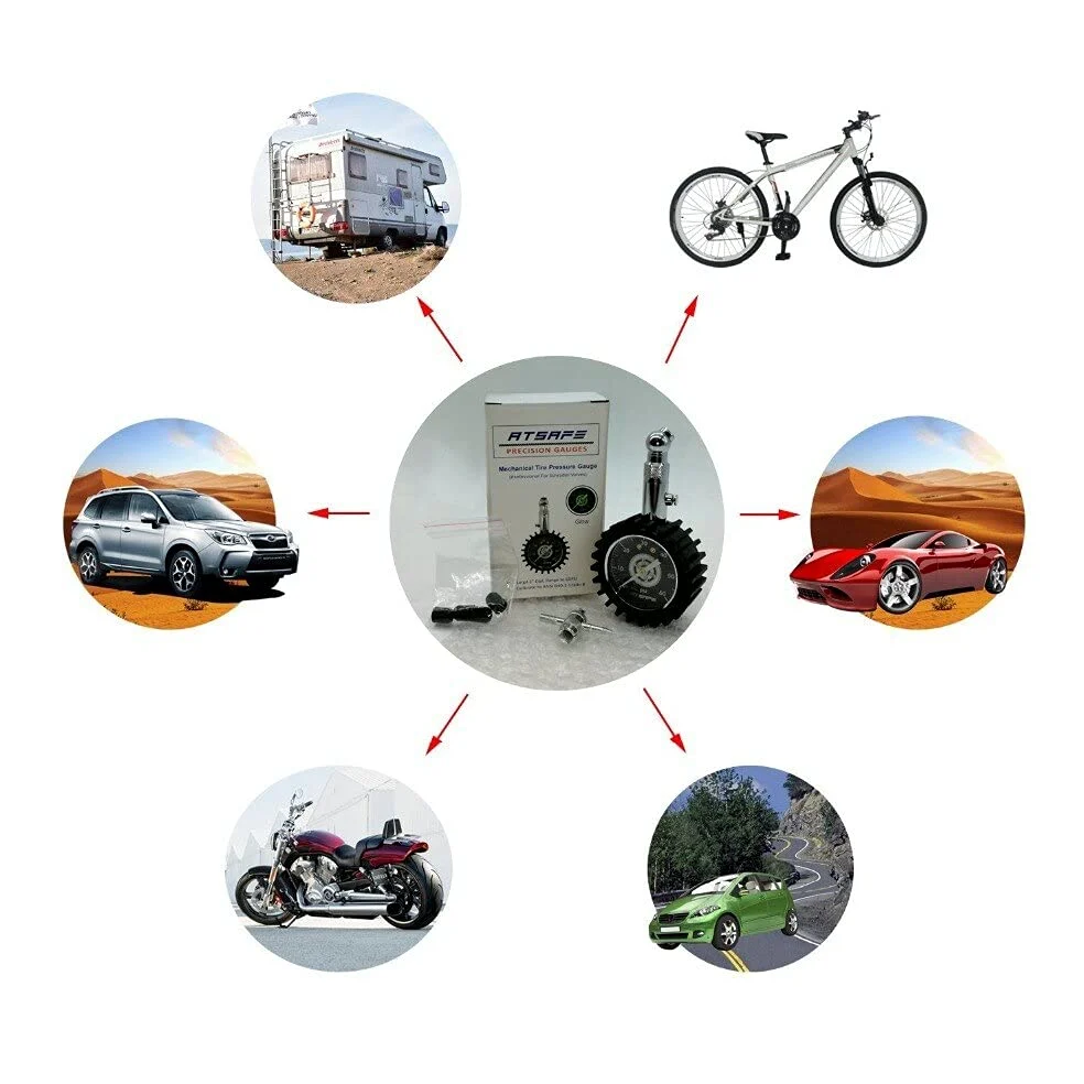 Manómetro de presión de neumáticos de 60 psi, brilla en la oscuridad, con tapas de válvulas de neumáticos, manómetro mecánico profesional para neumáticos compatible con motocicletas, coches, camione