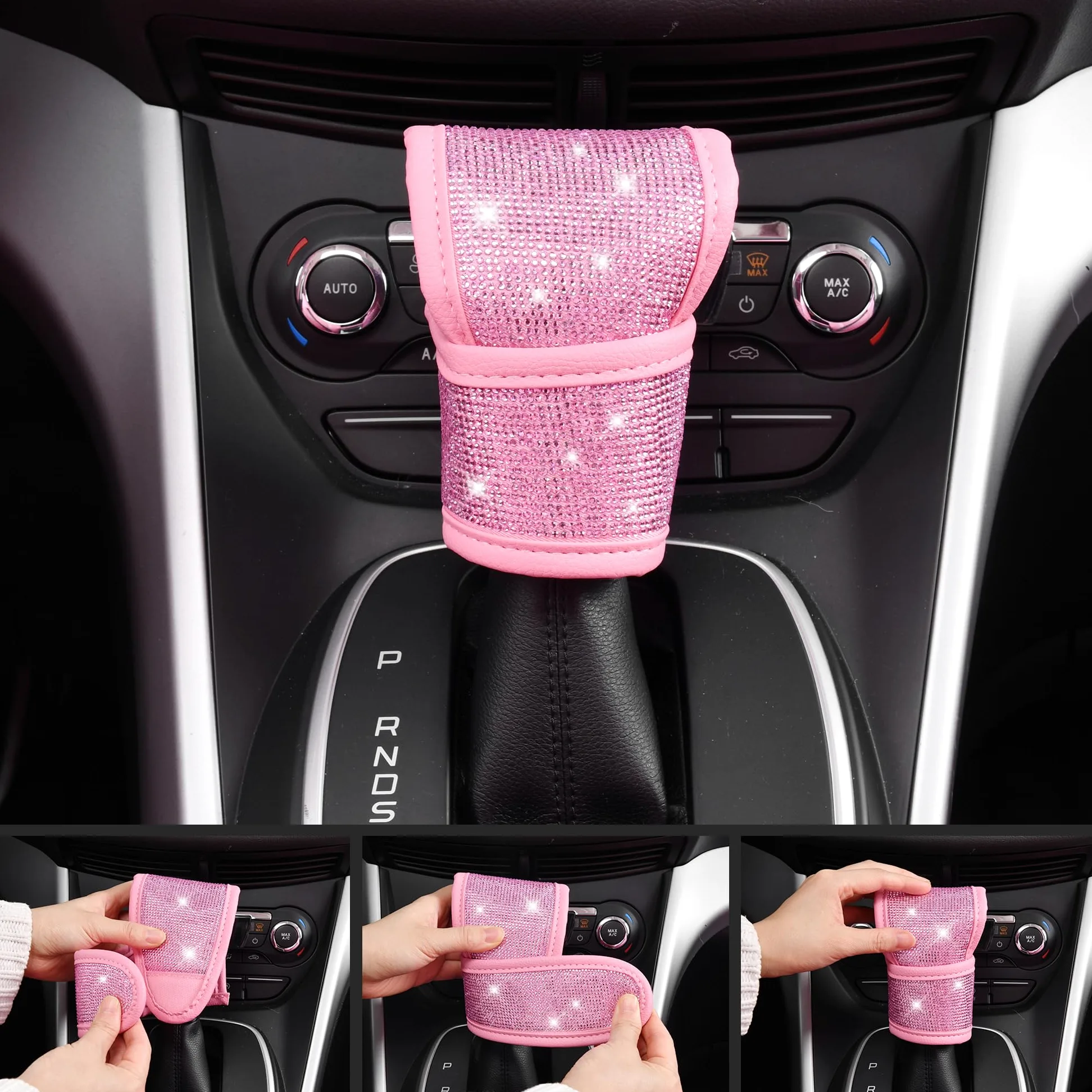CAR PASS Juego de 24 accesorios de diamantes rosas para mujer, fundas de asiento de cuero, funda de volante de 15 pulgadas, ganchos brillantes de diamantes de imitación, posavasos, bonitas