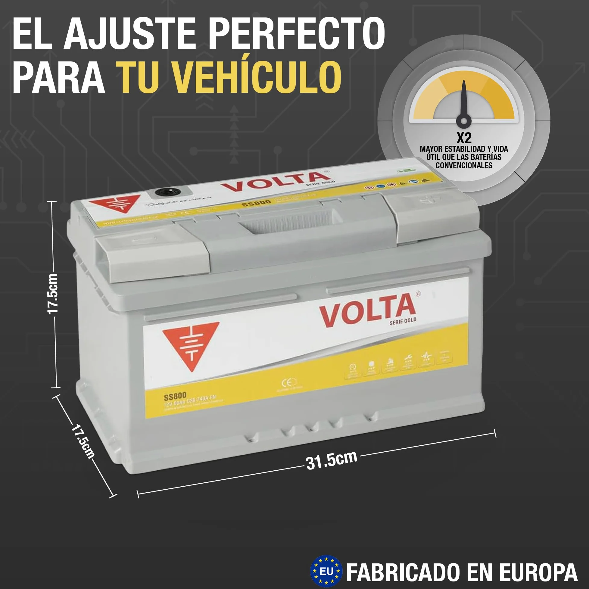Bateria de Coche Gold 80Ah 740A Volta SS800D - Start Stop - Borne +Dcha - Medidas Largo 315 x Ancho 175 x Alto 175 mm con 2 años de Garantía - Fabricación Europea.