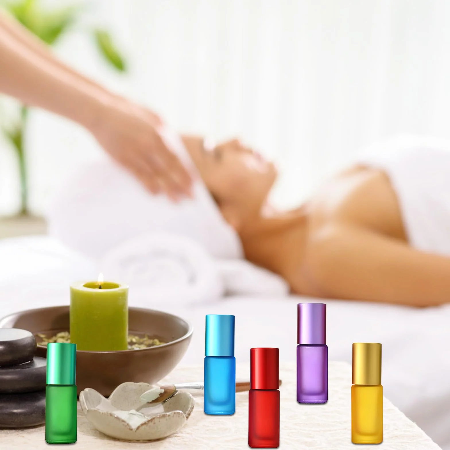 Botellas de cristal para aceite esencial 5 ml con rodillo de acero inoxidable, jeringas y embudo
