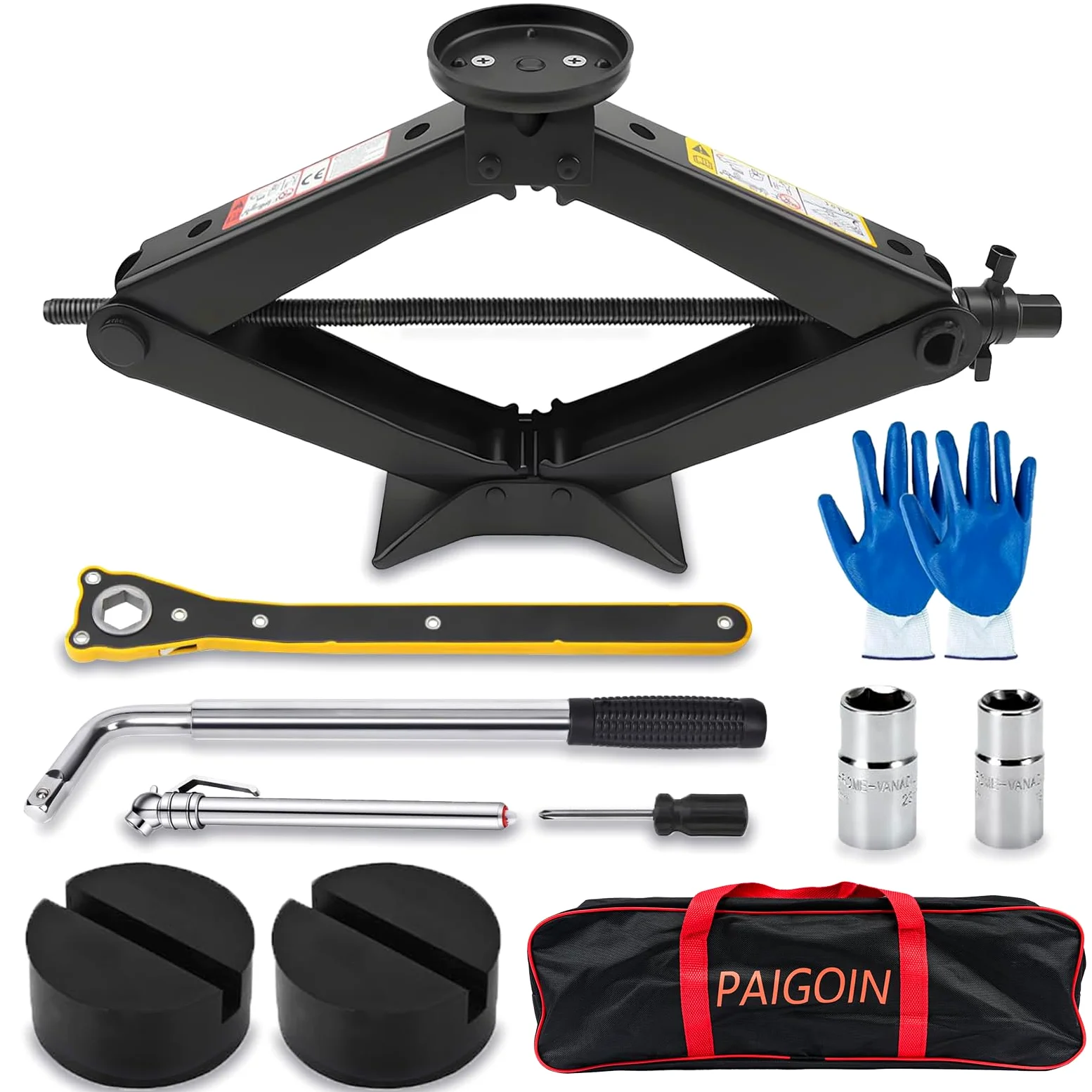 Gato de tijera para automóvil de 2.5 toneladas (5500 libras), kit de gato universal multiusos con almohadilla de goma, kit de cambio de neumáticos de repuesto portátil para sedán, SUV, MPV