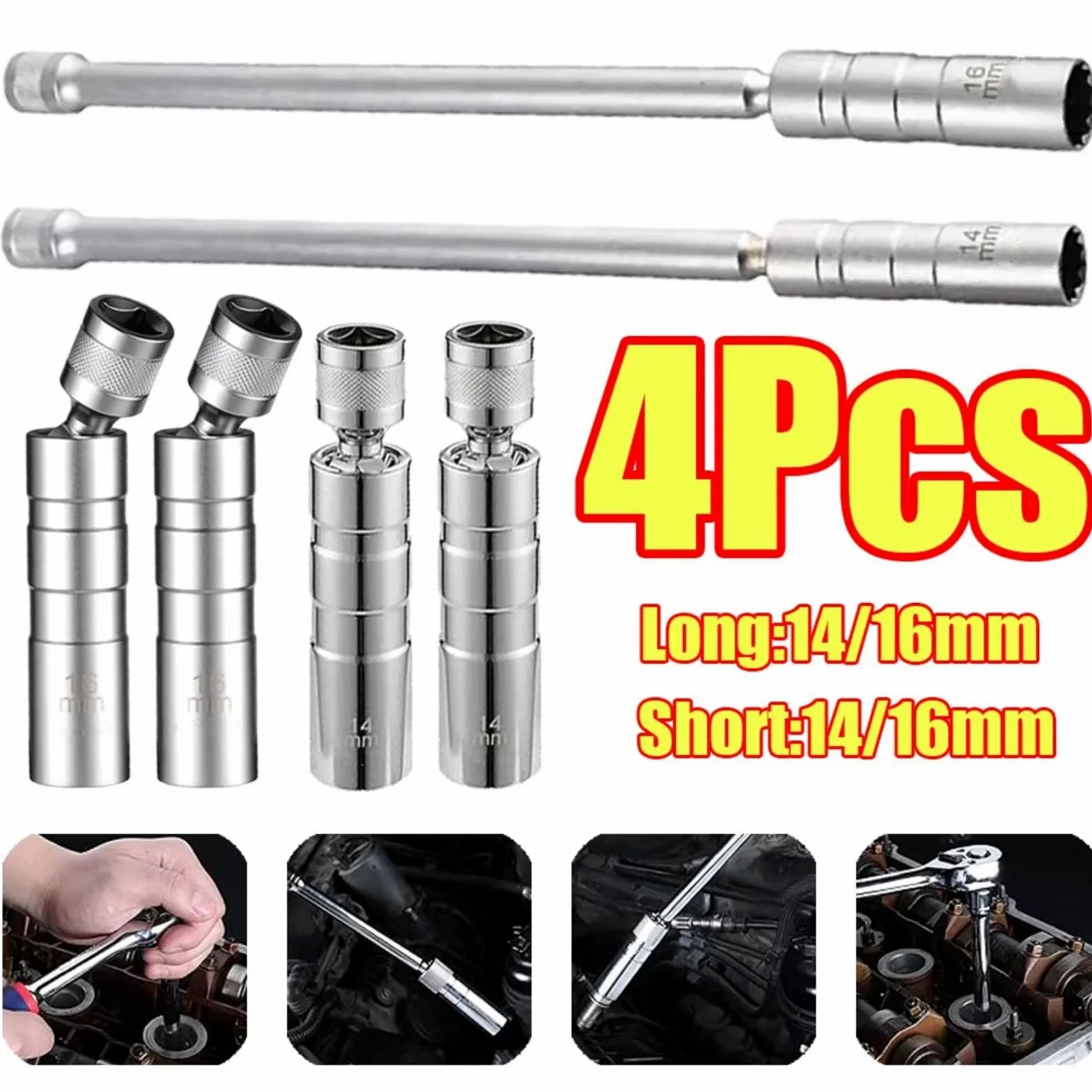 Vehículos Magnéticos Largos para Llave Enchufe Bujía Herramienta Extracción De Enchufe Encendido Pared Delgada Giratoria 14mm 16mm 4Uds Bujía Giratoria Flexible