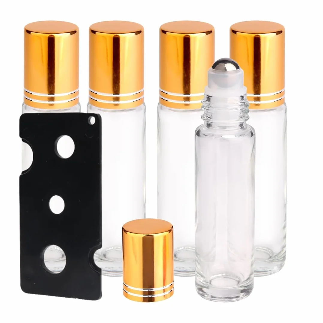 Botellas de Aceite Esencial 10 ml con Abridor, Roll On Rellenable, Vacía con Bola de Acero Inoxidable, Cristal