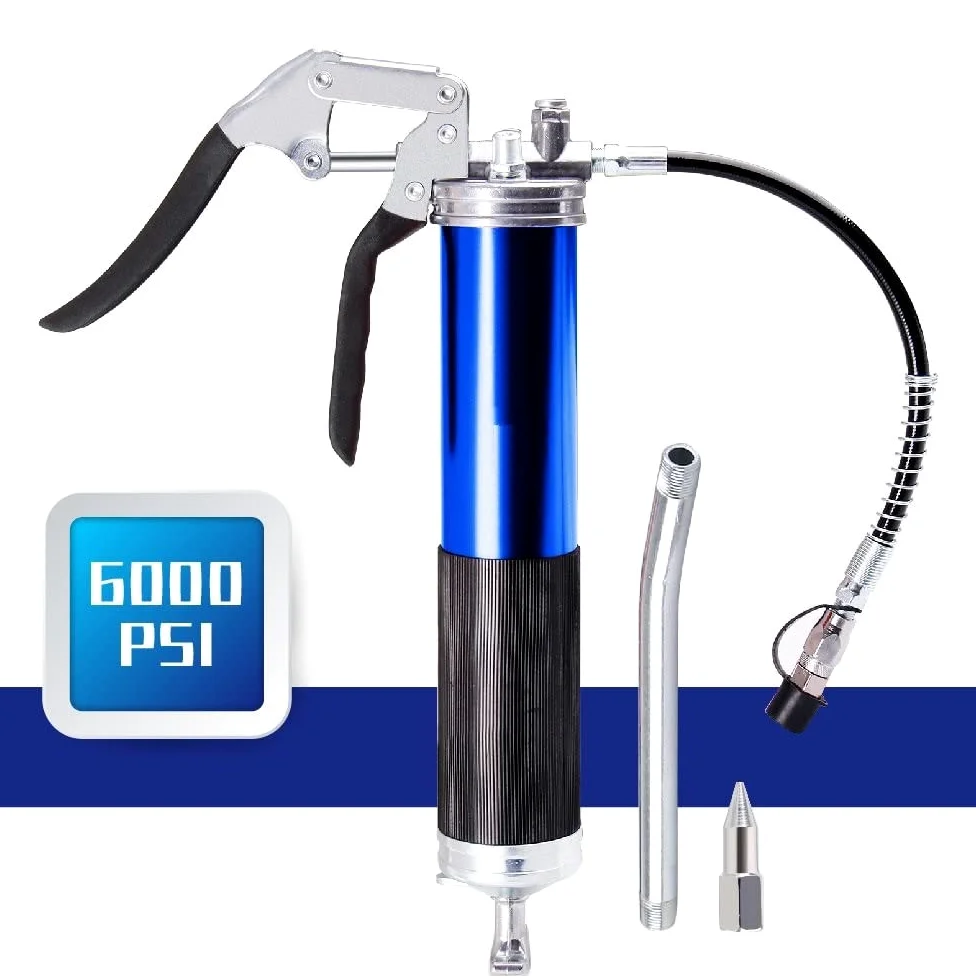 Boquilla engrasadora Boquilla Bomba de Engrase Duty 6000PSI Pistola engrasadora Empuñadura de Pistola 400cc 14oz Lubricación W/12quot; Manguera Flexible y 5-1/2" Extensión Metálica(Blue)
