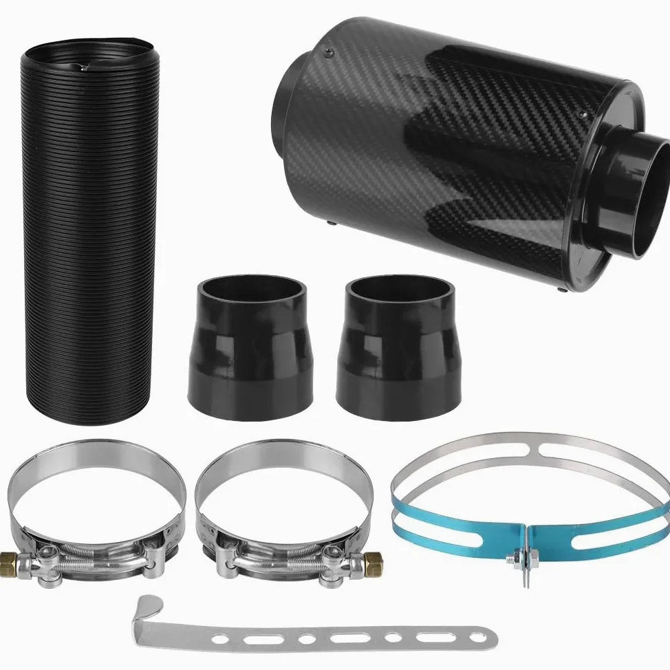 Conjunto de filtro de aire Caja de aire Filtro de aire frío de fibra de carbono para coche, caja de filtro de entrada de fibra de inducción cerrada, Kit de manguera de tubo Universal, 1 Juego