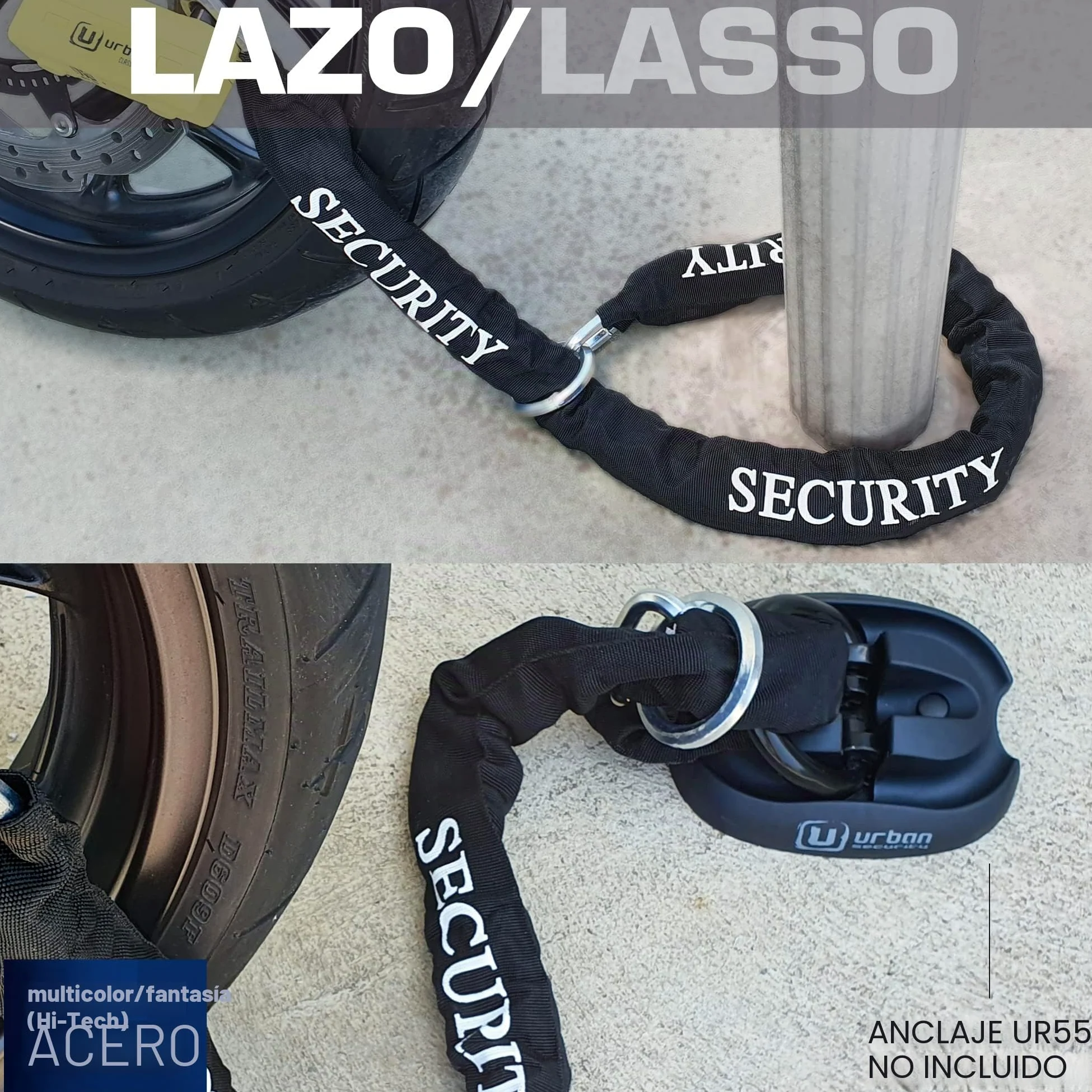 URBAN UR85120Y+10.120L Candado Moto U Homologado SRA + Cadena Acero Endurecido 120cm Más Largo con Sistema Lazo, Horquilla Acero Endurecido ø18mm, Máxima Seguridad Antirrobo Universal para Motocicleta