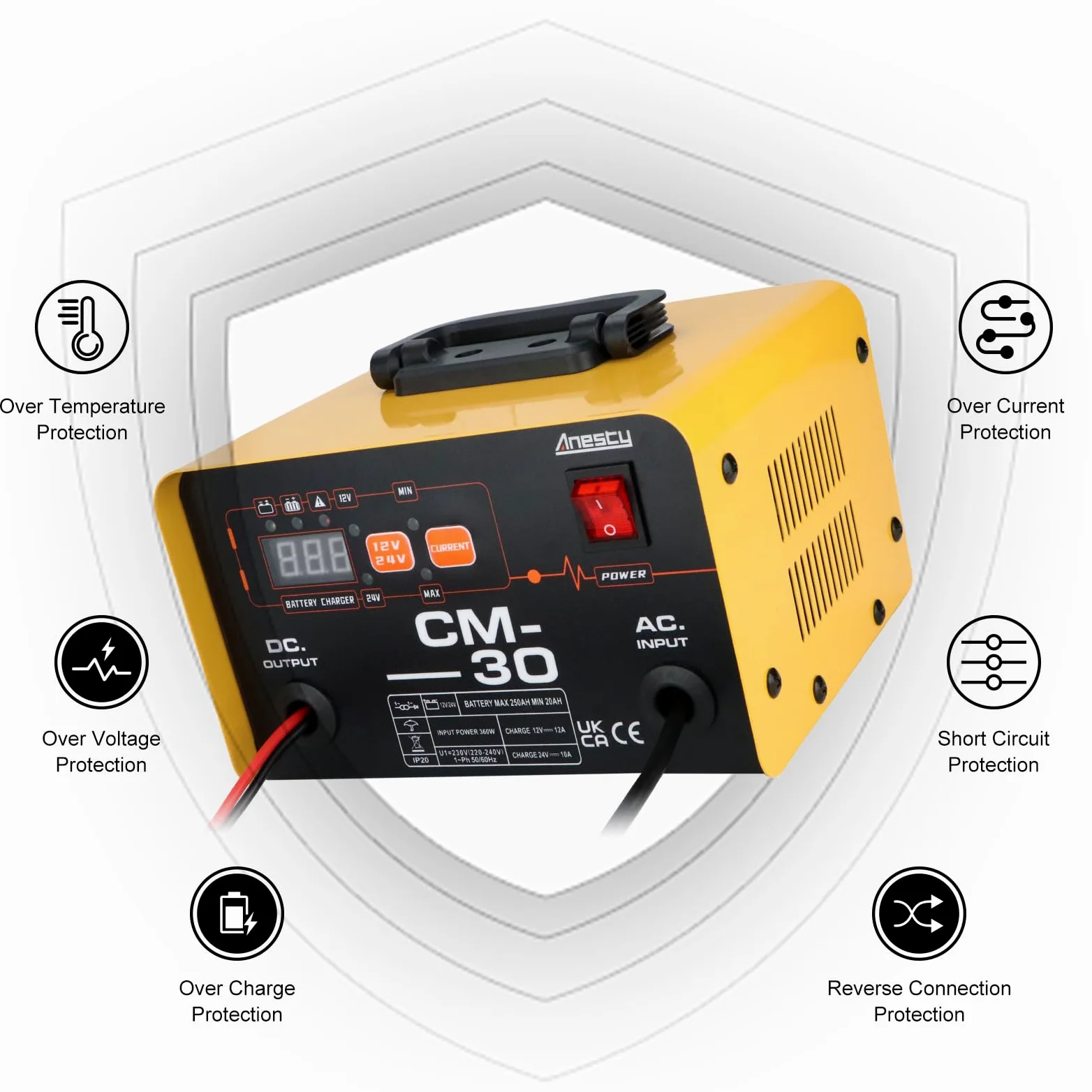 Anesty Cargador de batería de coche de 12 V, 24 V, 20-250 Ah, cargador de batería inteligente de plomo-ácido, unidad de carga automática de batería de coche resistente para furgoneta, motocicleta,
