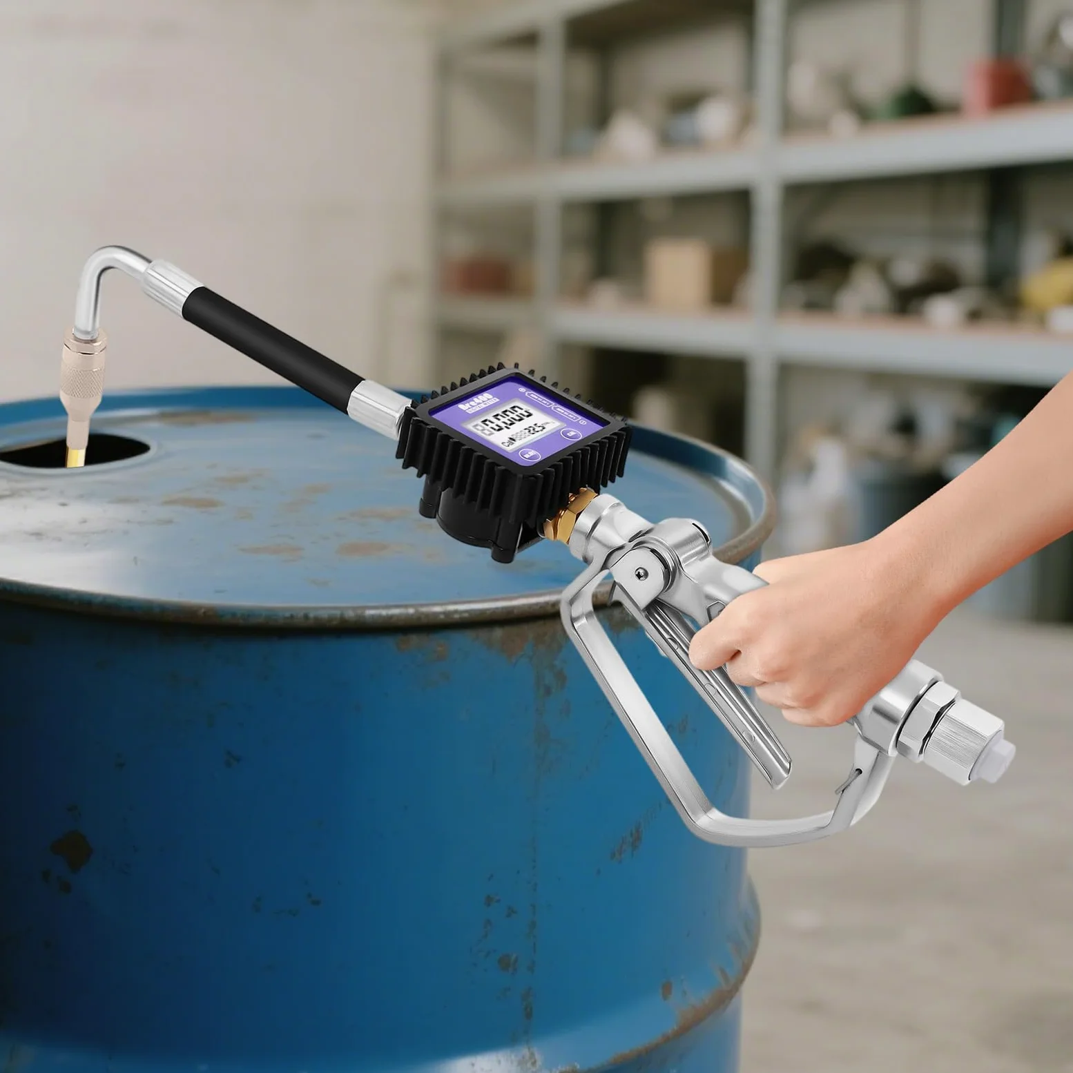 Pistola de medición de aceite electrónica, pistola neumática con articulación giratoria, presión de trabajo de 45 bares, pantalla digital, contador de aceite, válvula digital de control de aceite