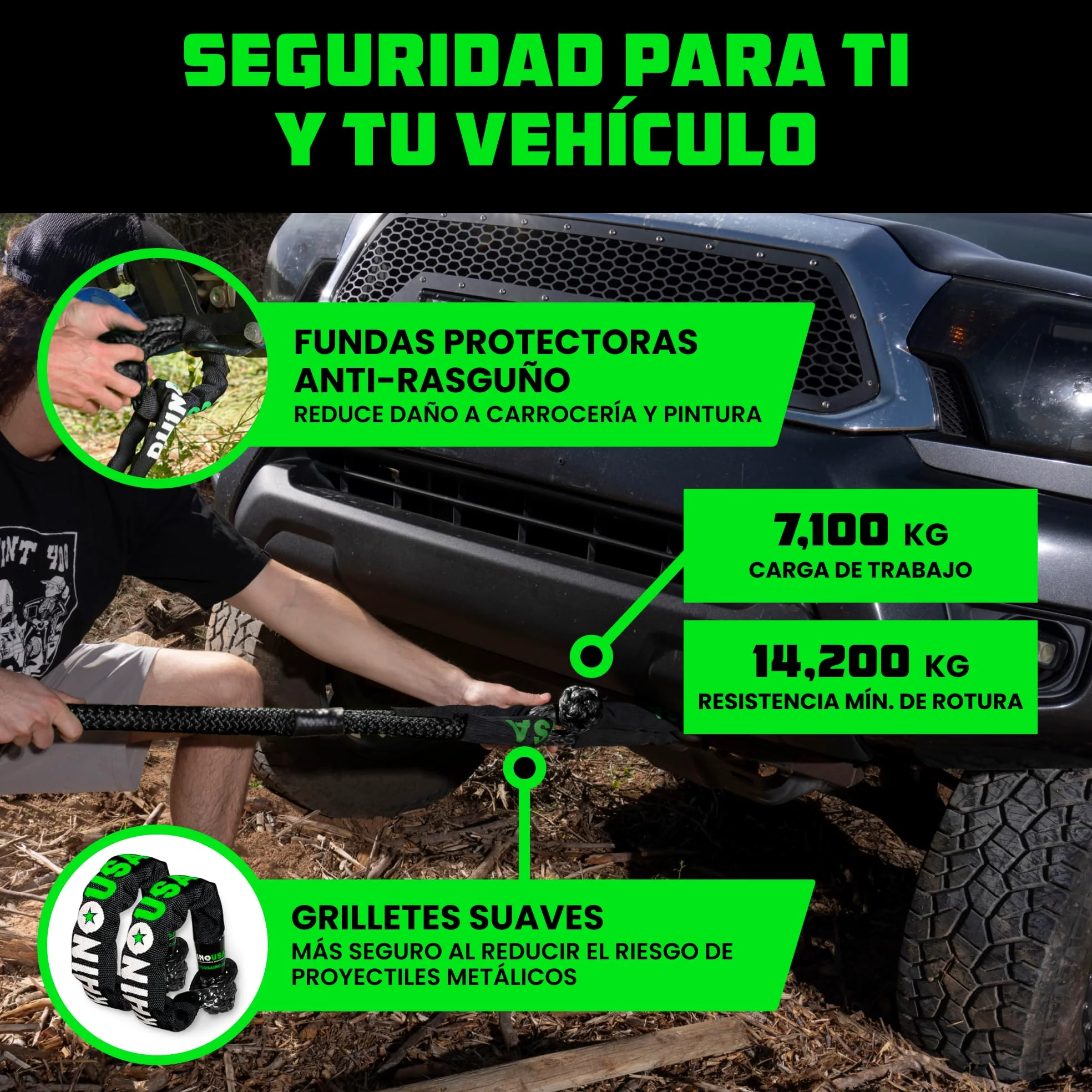 Rhino USA Cuerda Cinética para Remolque 13000kg - Cuerda de Remolque y Recuperación con 2X Grilletes - Correa de Rescate Todoterreno 2.2 cm x 9 m - para Todoterreno Quad UTV 4x4 - Negro