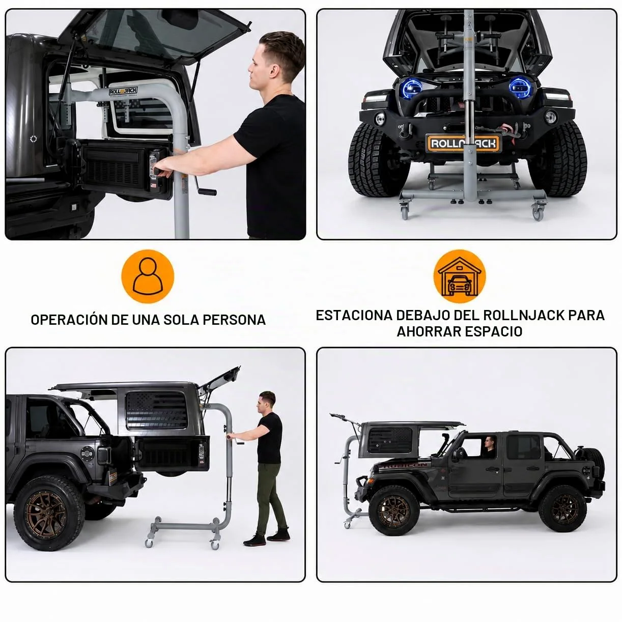 Levantamiento de techo duro para Jeep Wranglers: 2007 en adelante JK/JKU/JL/JLU + CJ, 2 y 4 puertas + Jeep elevados. Montaje rápido y fácil. Sistema para una persona. Desmontaje/instalación de techo