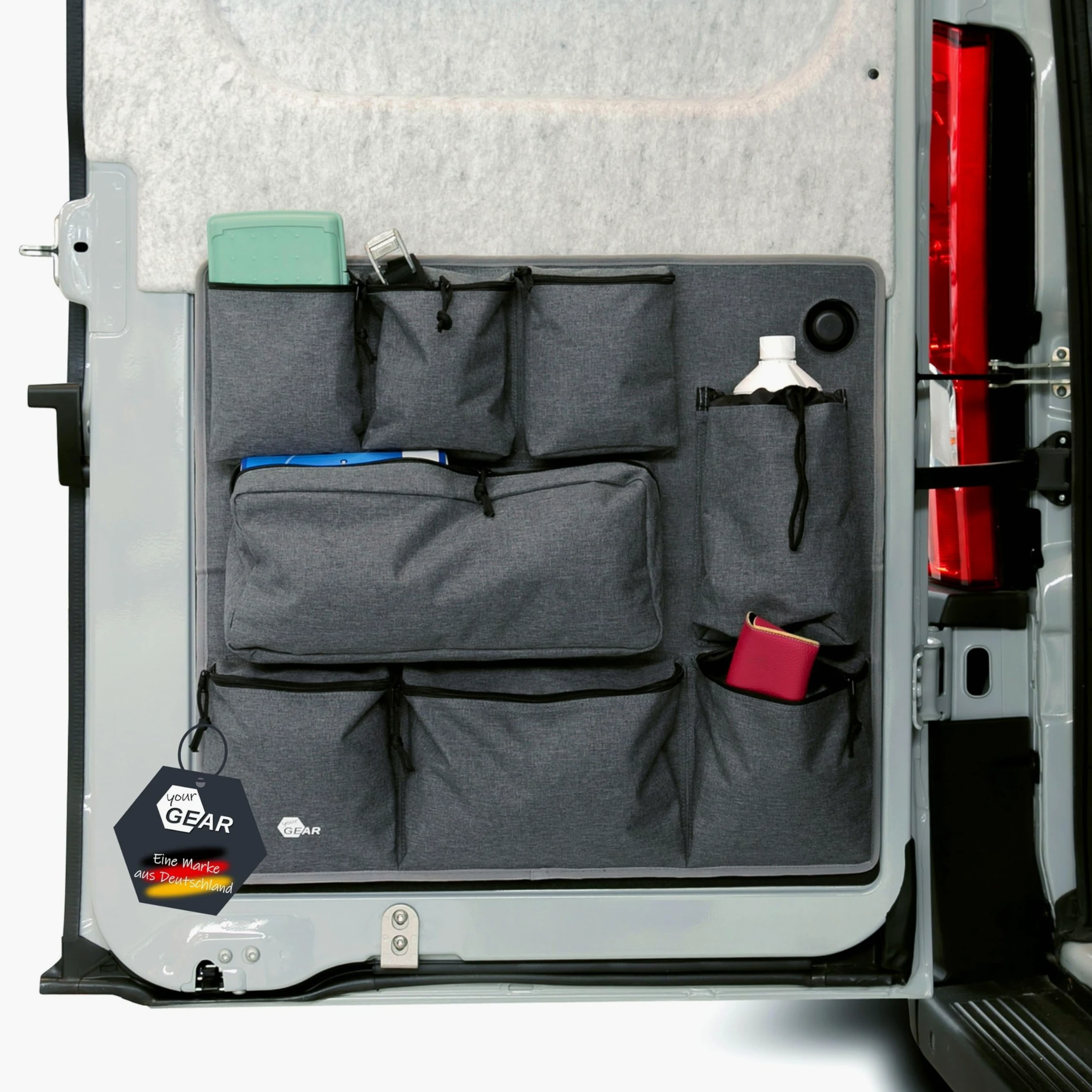 Ortles L Organizador para puerta trasera izquierda de furgoneta – Bolsa de almacenamiento con 7 bolsillos con cremallera y portabotellas