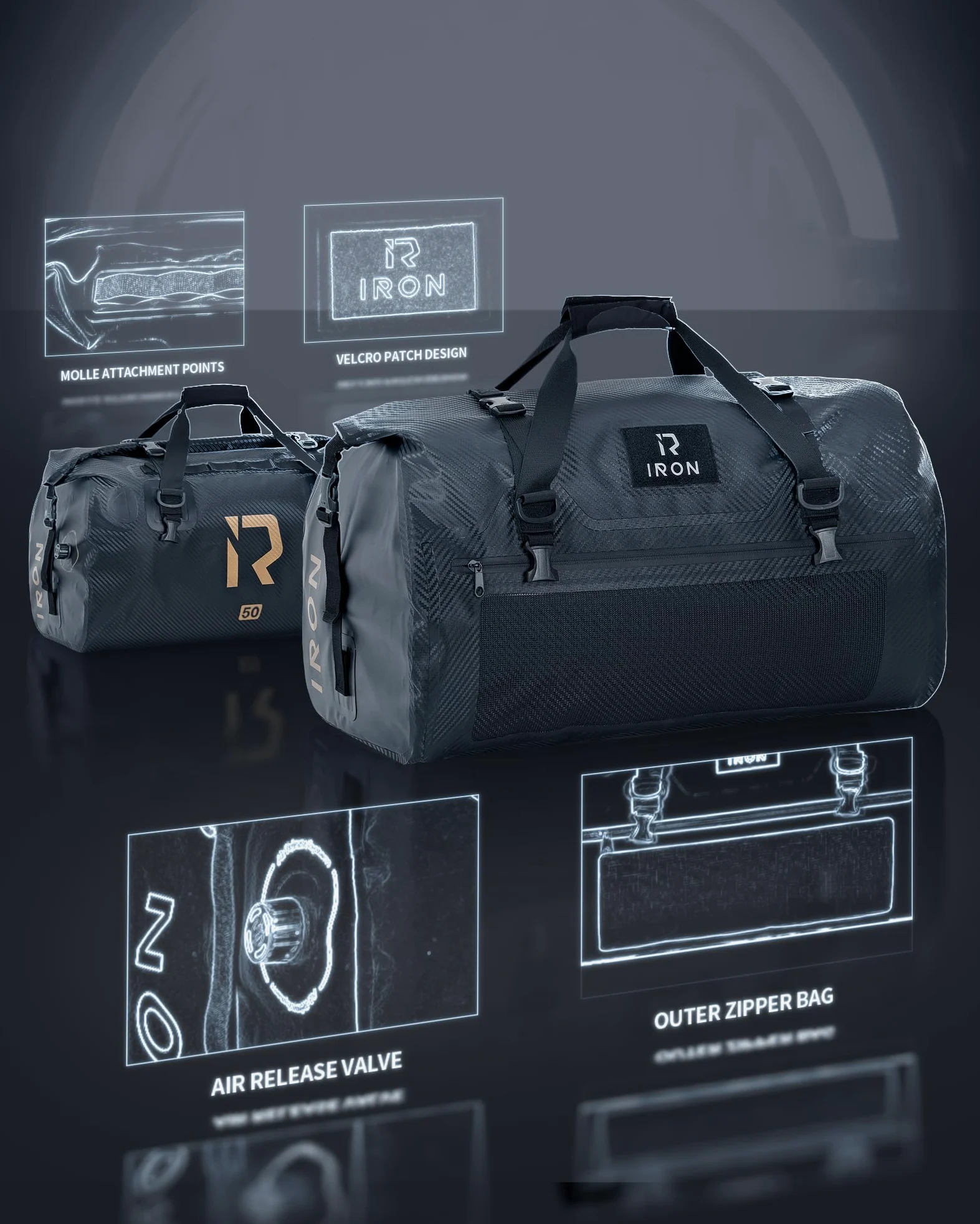 IRON JIA'S Bolsa Impermeable de Viaje para Moto y Ciclismo - Bolsa Trasera con Cierre Superior Enrollable y Correas para los Hombros - Adecuada para Camping y Deportes Acuáticos - 50L