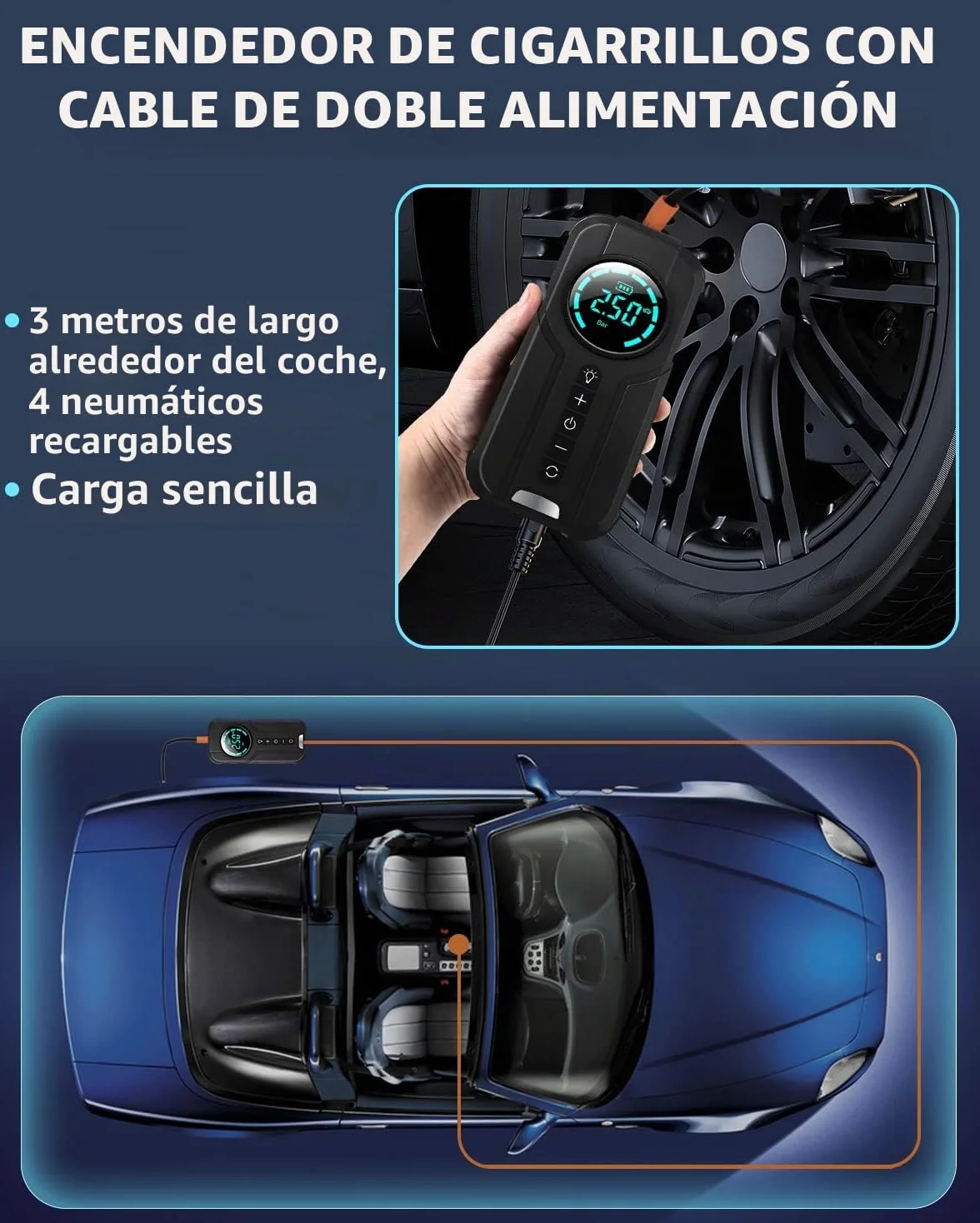 VICKSONGS Dual-uso Compresor Aire Electrico Portatil, Recargable Inflador Ruedas 7200mAh 180PSI, Bomba de Aire Electrica para Coche, Bicicleta, Moto, Scooter, Bolas