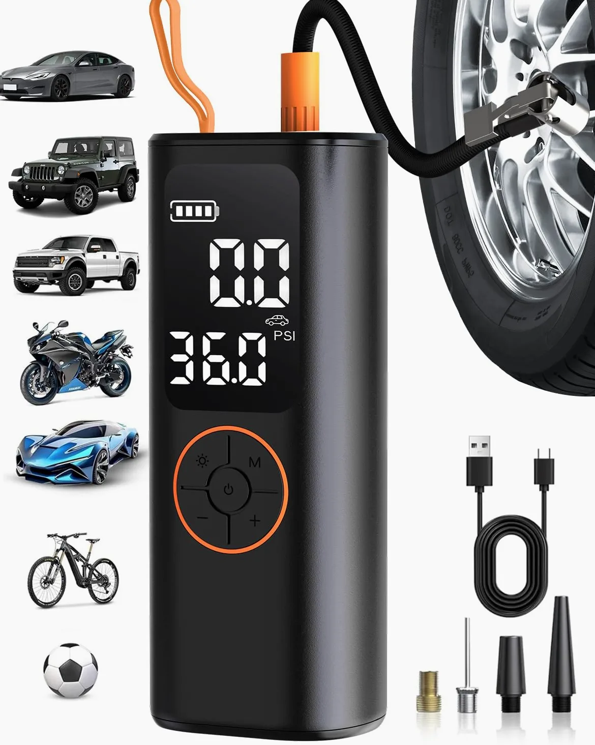 Compresor de aire portátil para inflador de neumáticos, mini bomba de aire inalámbrica de inflado 4 veces más rápido con manómetro digital con medidor de presión digital/luz LED, inflador portátil de