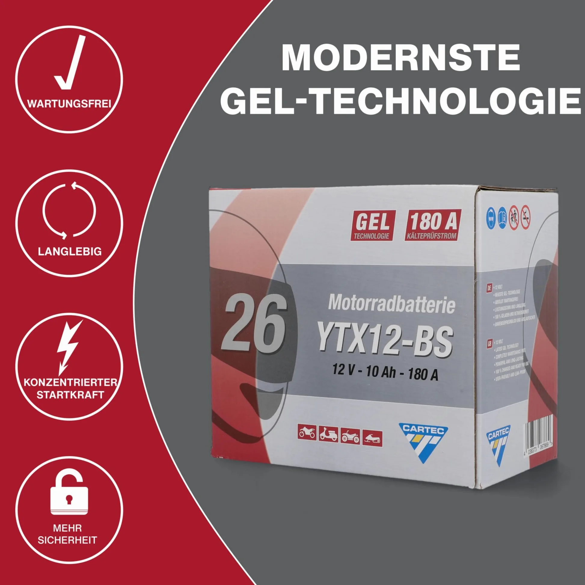 CARTEC YTX12-BS Batería de Motocicleta 10Ah 180A Gel Arranque Sin Mantenimiento