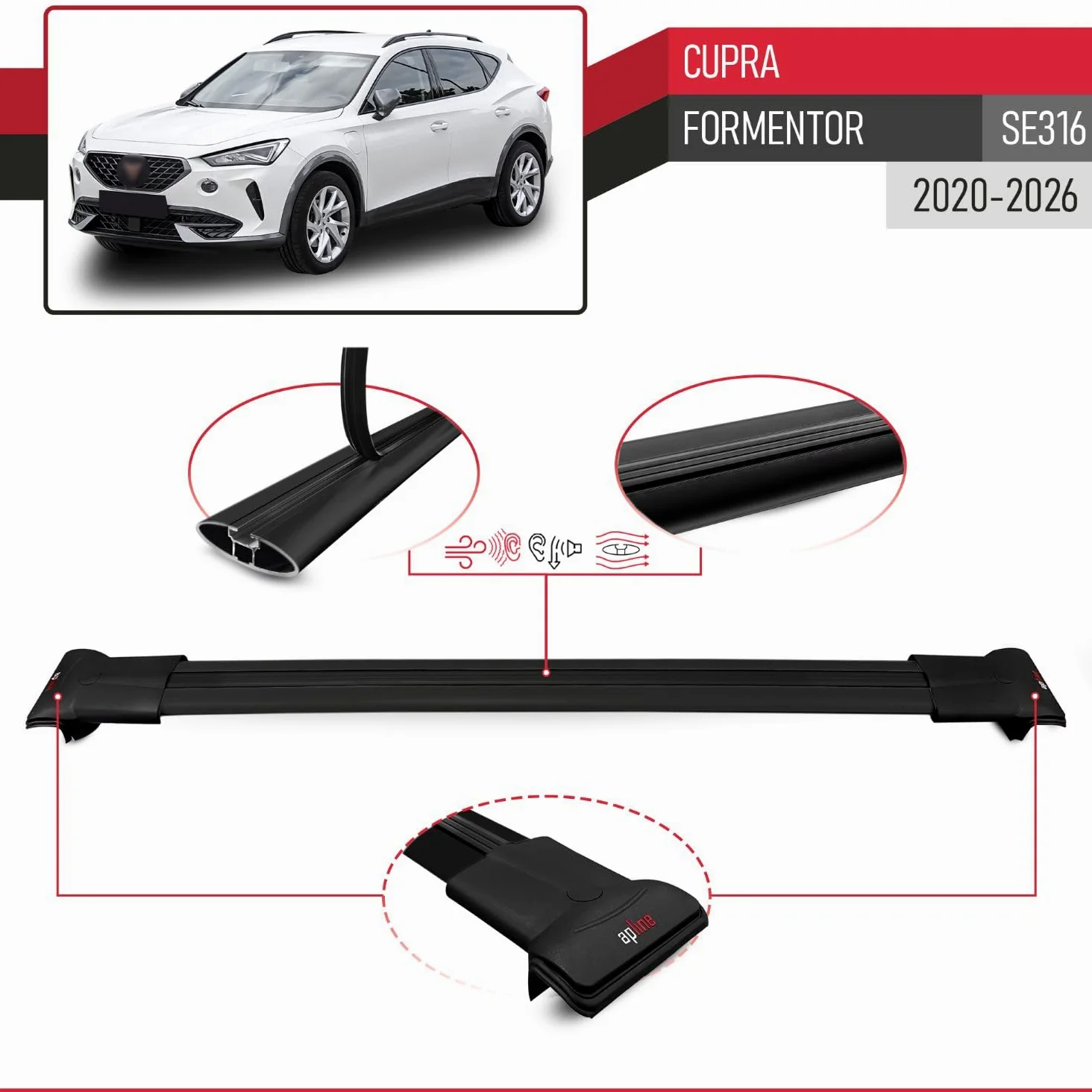 Compatible con Cupra Formentor (SE316) 2020-2026 Modelo Fly Barra de Techo Auto Portaequipajes Barras Transversales Negro Aluminio 2 Barras