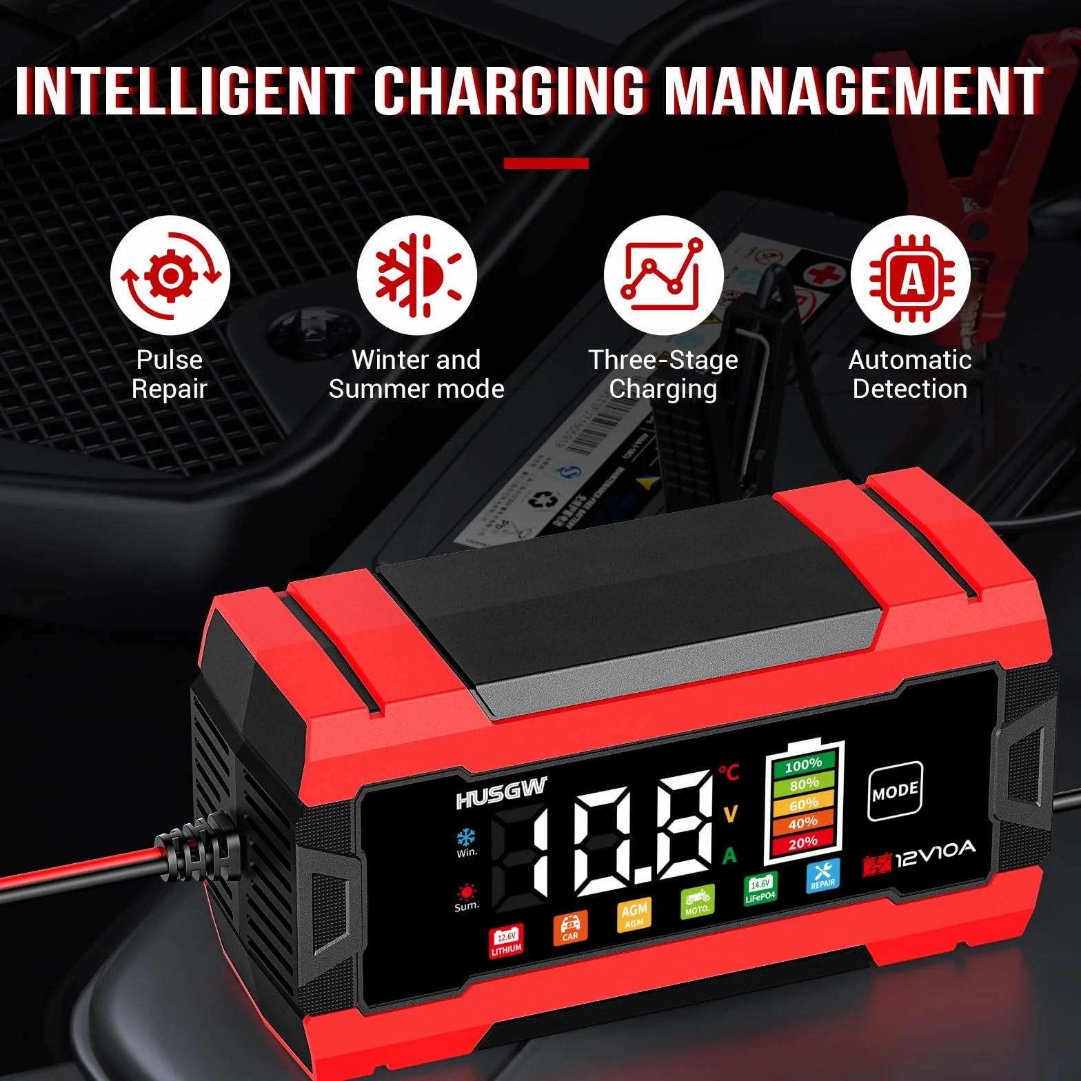 12V 10A Cargador de Batería de Coche, LiFePO4 Cargador de Batería de Moto, Proceso de Carga de Tres Etapas, Protección de Seguridad Múltiple, para Auto, Moto, AGM, Gel, Wet, SLA, LiFePO4 (10 Rojo)