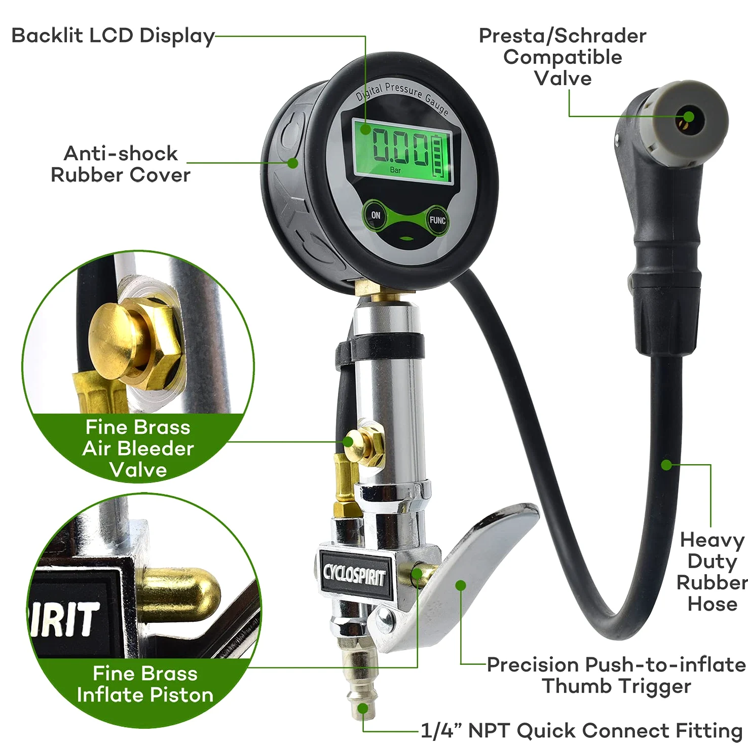 Medidor digital de inflado de neumáticos de bicicleta con tipo de válvula de selección automática, herramienta de compresor de aire Presta y Schrader
