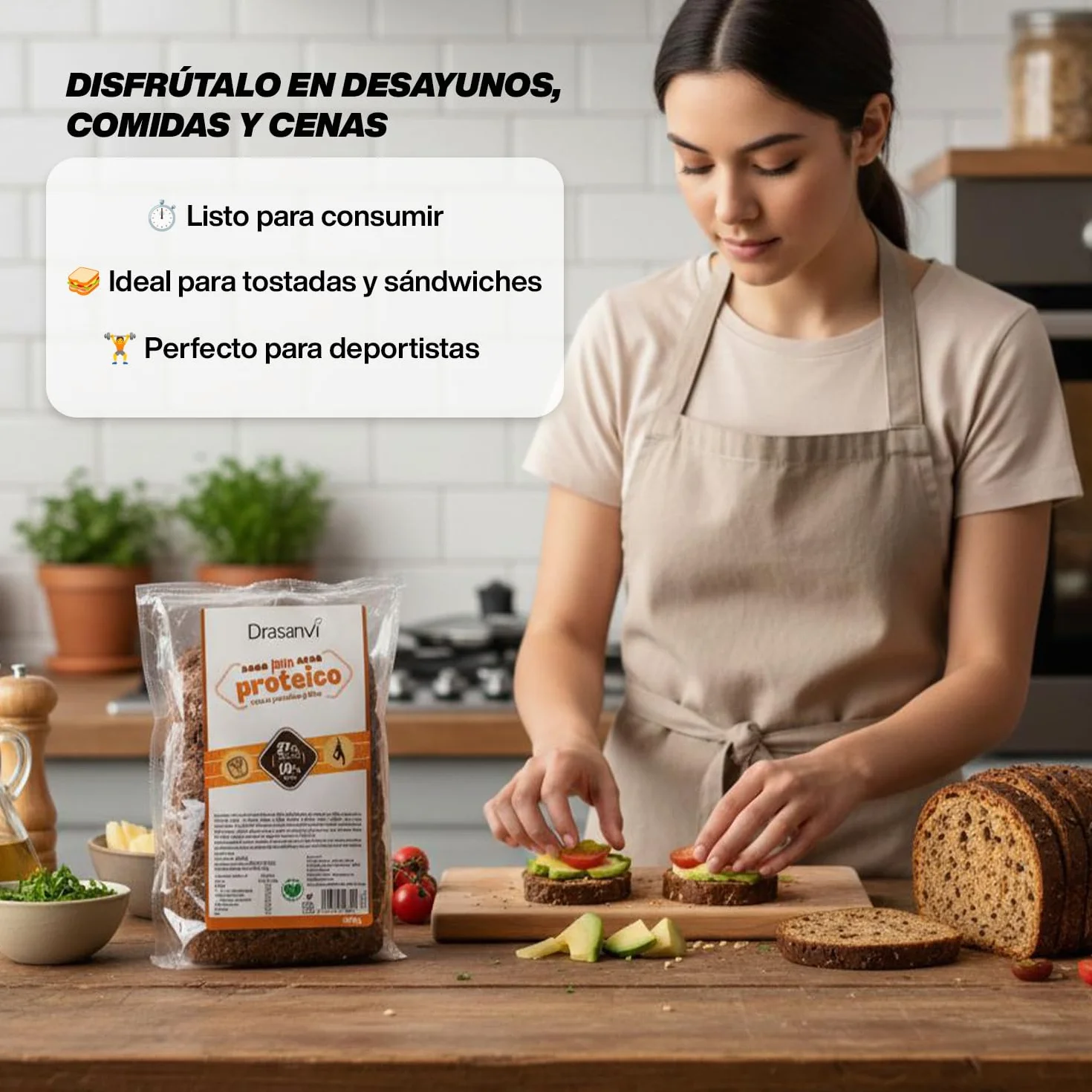 DRASANVI Pan Proteico Bajo en Carbohidratos 27% Proteínas Alto Contenido en Fibra Bajo en Azúcares y Calorías 365 gr