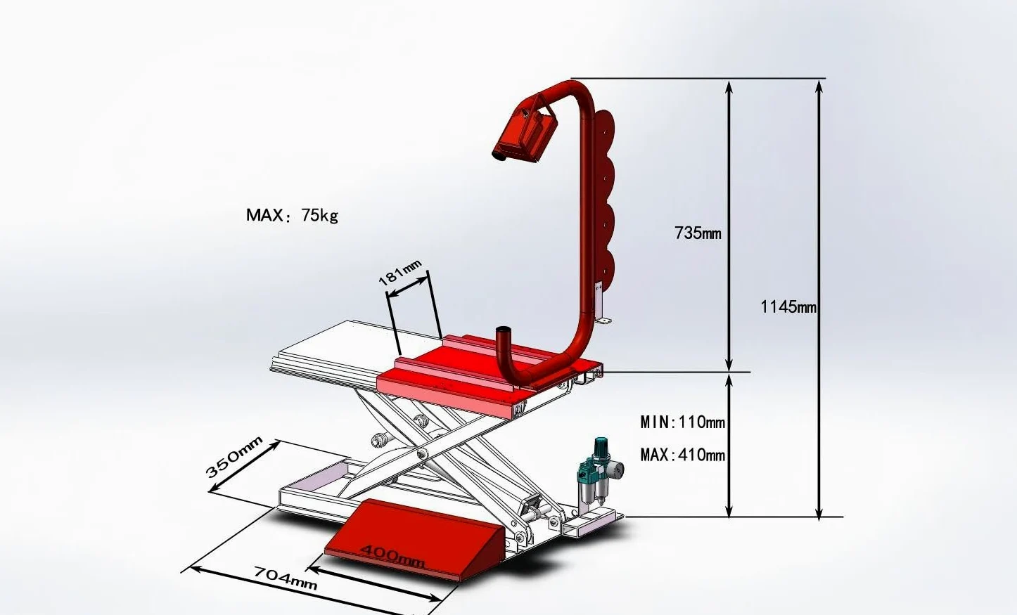 Elevador neumático de Ruedas para equilibradora, Capacidad 75 kg | Eleva ruedas pesadas hacia el eje de la equilibradora; funciona con aire comprimido de 8 a 10 bar.
