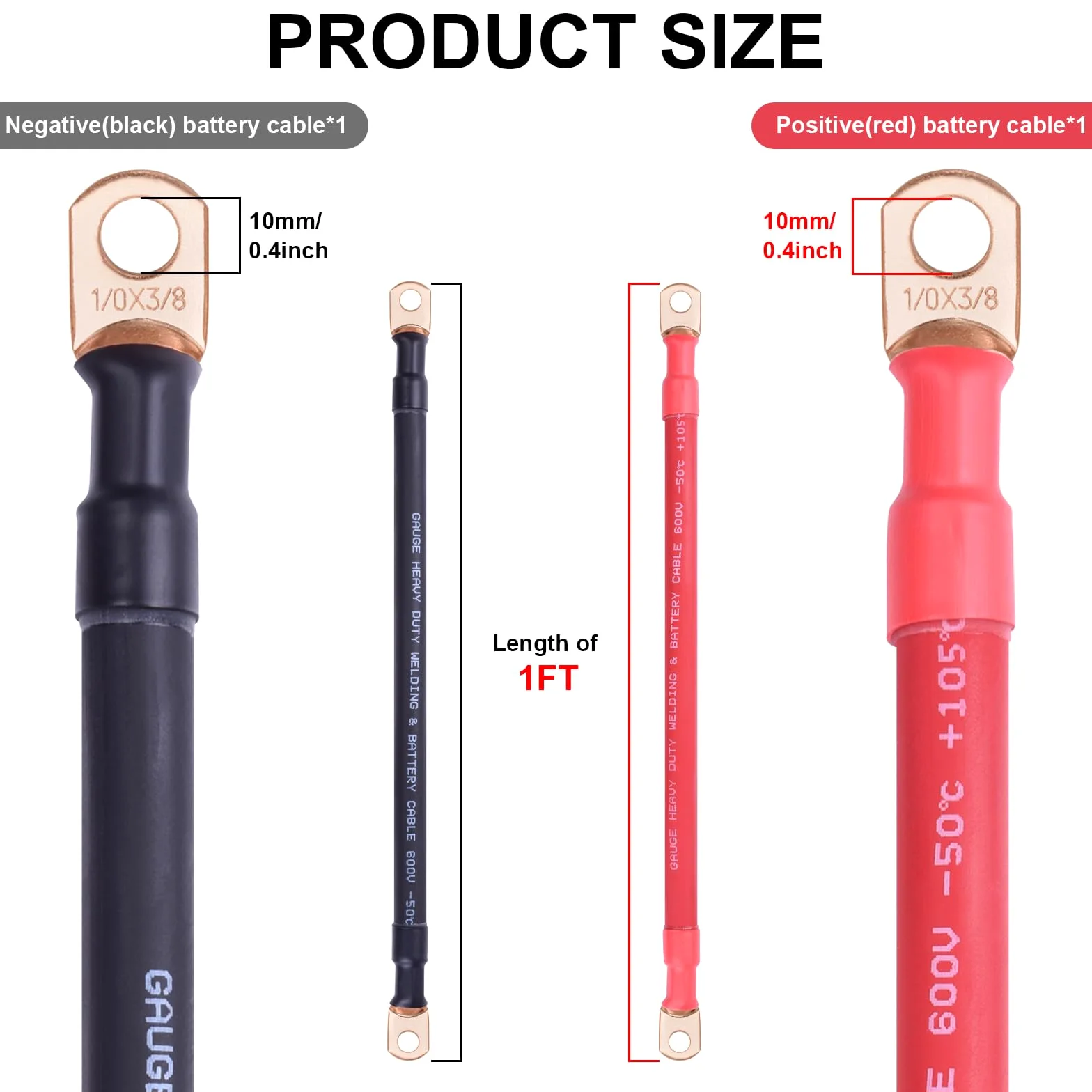 iGreely Cable de batería de calibre 1/0 AWG, alambre de cobre puro, cables inversores de energía de batería con lengüetas de 3/8 pulgadas para panel solar, motor de arrastre, automóvil, motocicleta