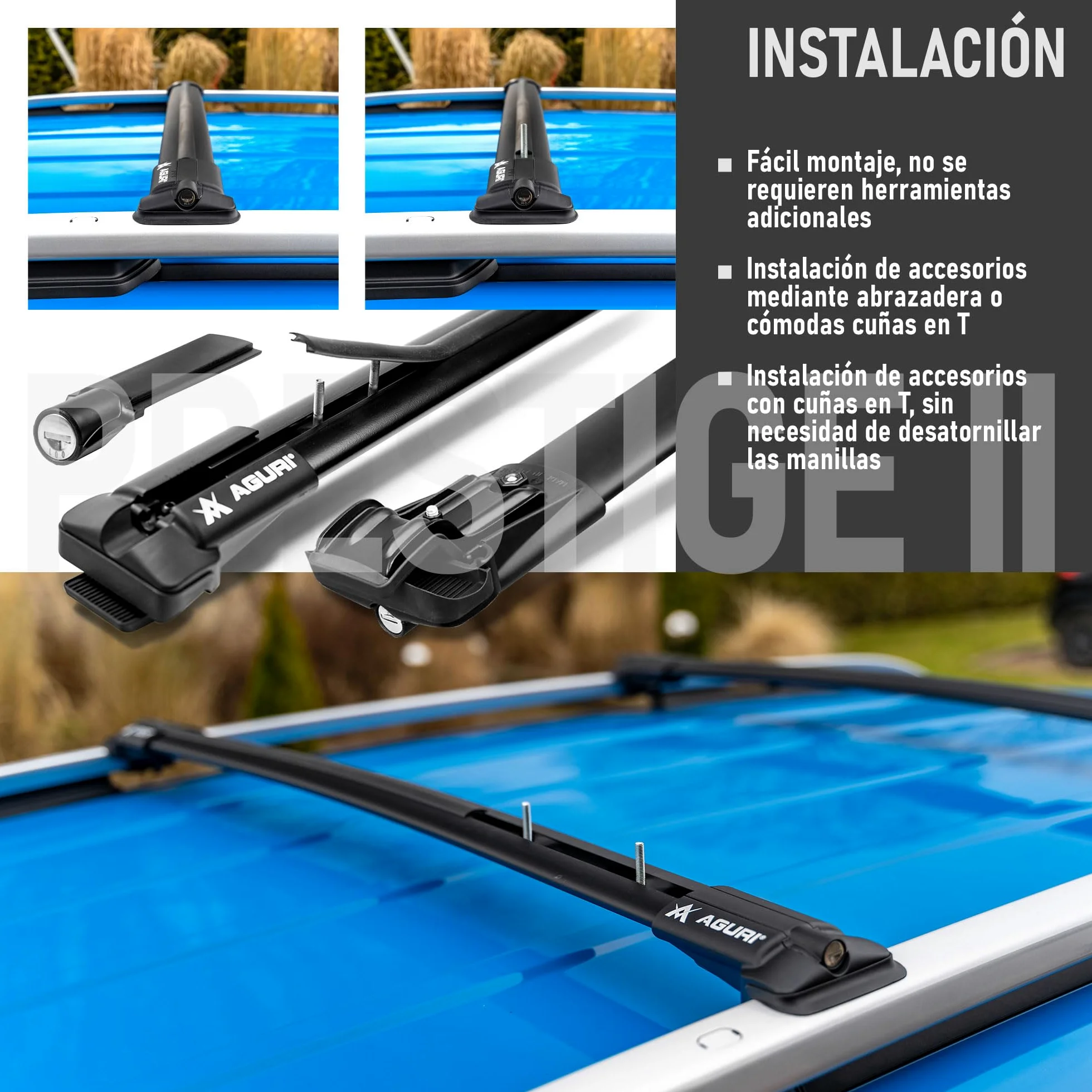 AGURI Prestige II | Compatible con Volkswagen T-Roc 2017+ | Portaequipajes de Techo, Barras de Techo | Destinado a Poner Cofres, Soportes y Escaleras | Construcción Ligera y Resistente de Aluminio