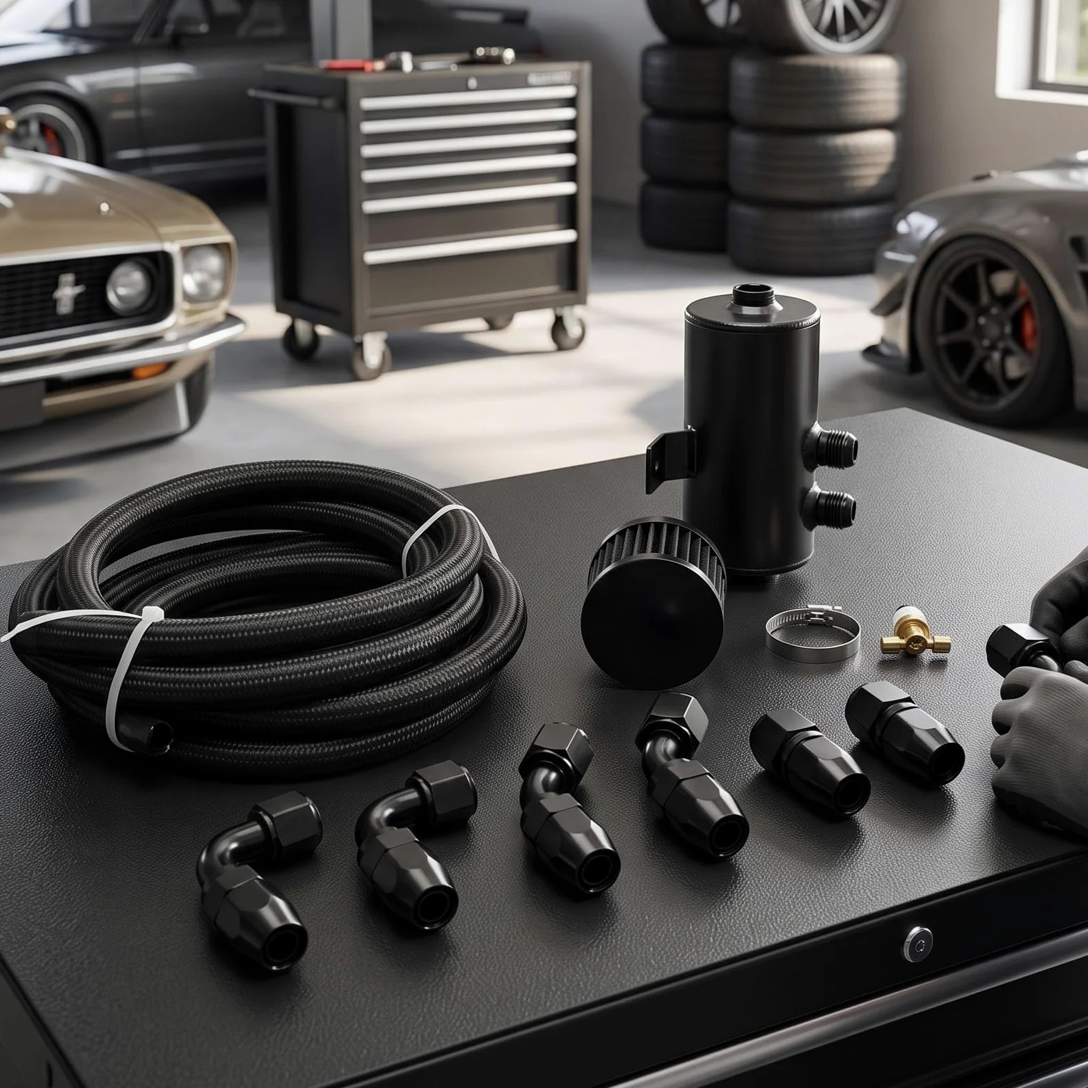 AMONIDA Kit de Lata de Captura de Aceite, Tanque de Ventilación Premium, Manguera AN10 para Actualización Automotriz, Acabado de Aluminio de 750ml (BLACK)