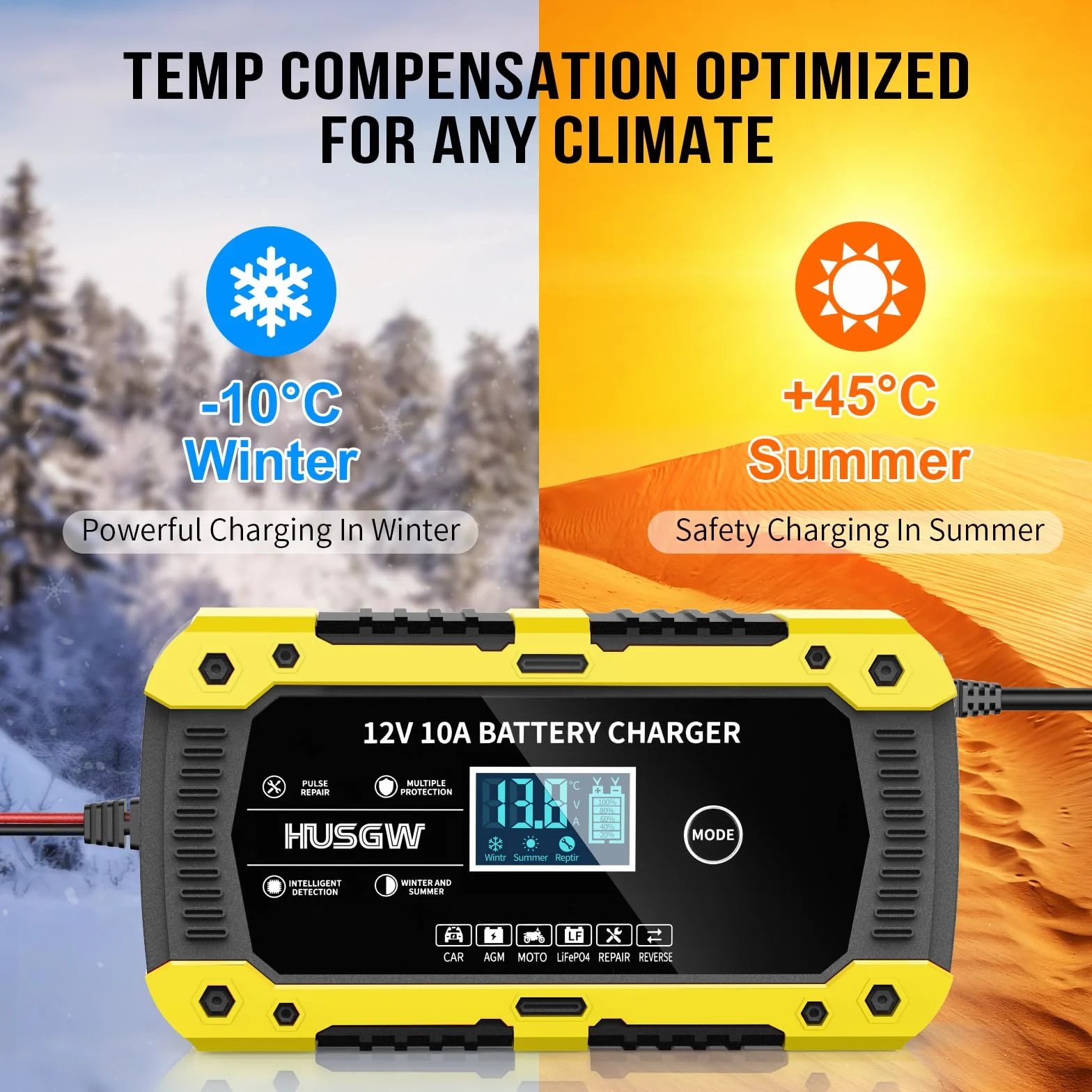 12V10A Cargador Baterias Coche, Cargador de Baterias Coche y Moto Inteligente y Funciones, Adecuado para Baterías Automotrices LiFePO4,para Coche/Moto/Clippers/AGM/Gel/Wet/SLA (10A) (10 Amarillo)
