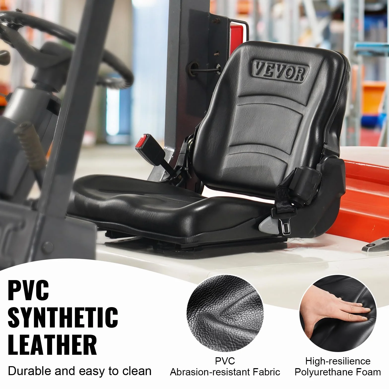 VEVOR Asiento Universal para Carretilla Elevadora, Plegable con Respaldo Ajustable y Cinturón Retráctil, 6 Ranuras