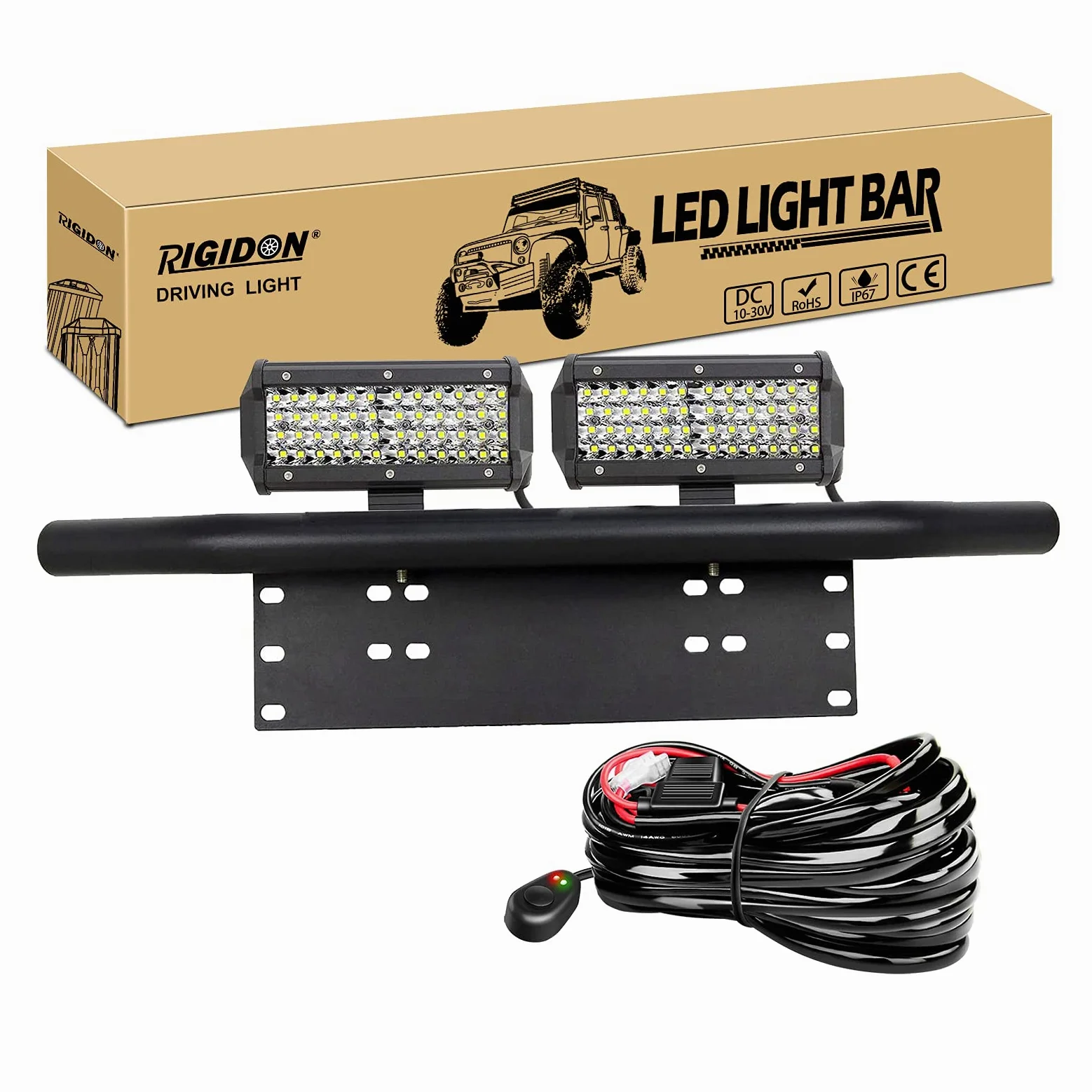 RIGIDON 2 Pcs Faro de trabajo led, 7 pulgadas 120W focos todoterreno y 12V kit de cableado soporte de matrícula y soporte de montaje para off road camión coche tractor ATV SUV 4x4, 6000K Spotlight