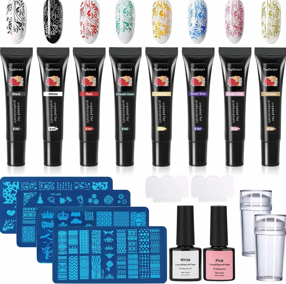 TopDirect 8ml Nail Stamping Gel Polish 8 Colores 4 Placas Estampacion Uñas Manicura Set