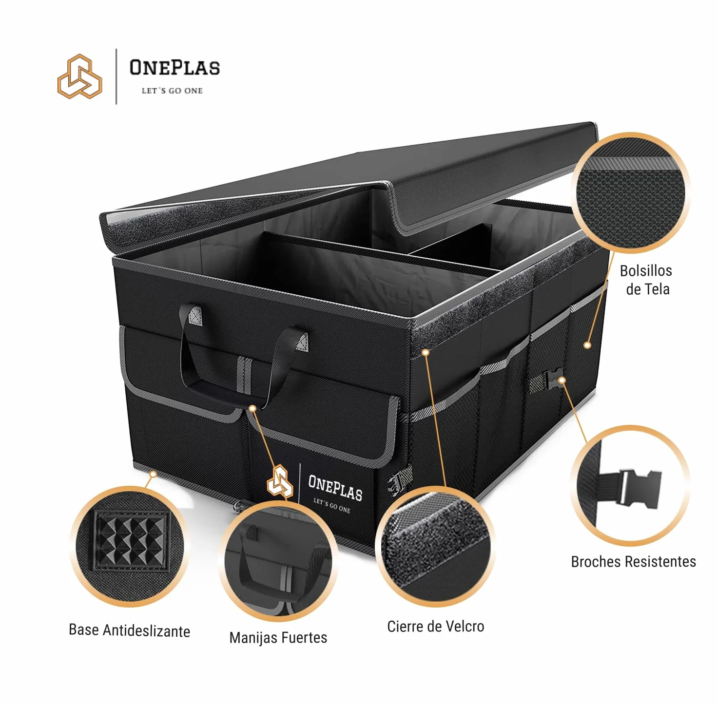 ONEPLAS Organizador de Maletero Coche y SUV - Organizador de Coche para Almacenamiento - Caja Plegable con 2 Compartimentos Grande - Base Antideslizante - Cinchas Ajustables - Tapa Extraíble (Negro)