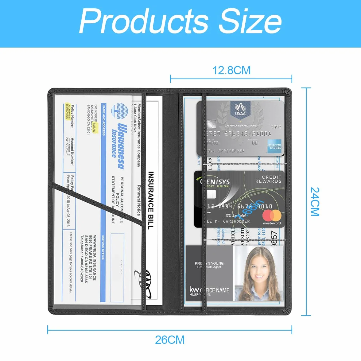 JNNJ Funda protectora para guantera y soporte de documentos, autorización de coche, piel sintética, organizador para documentos importantes (negro)