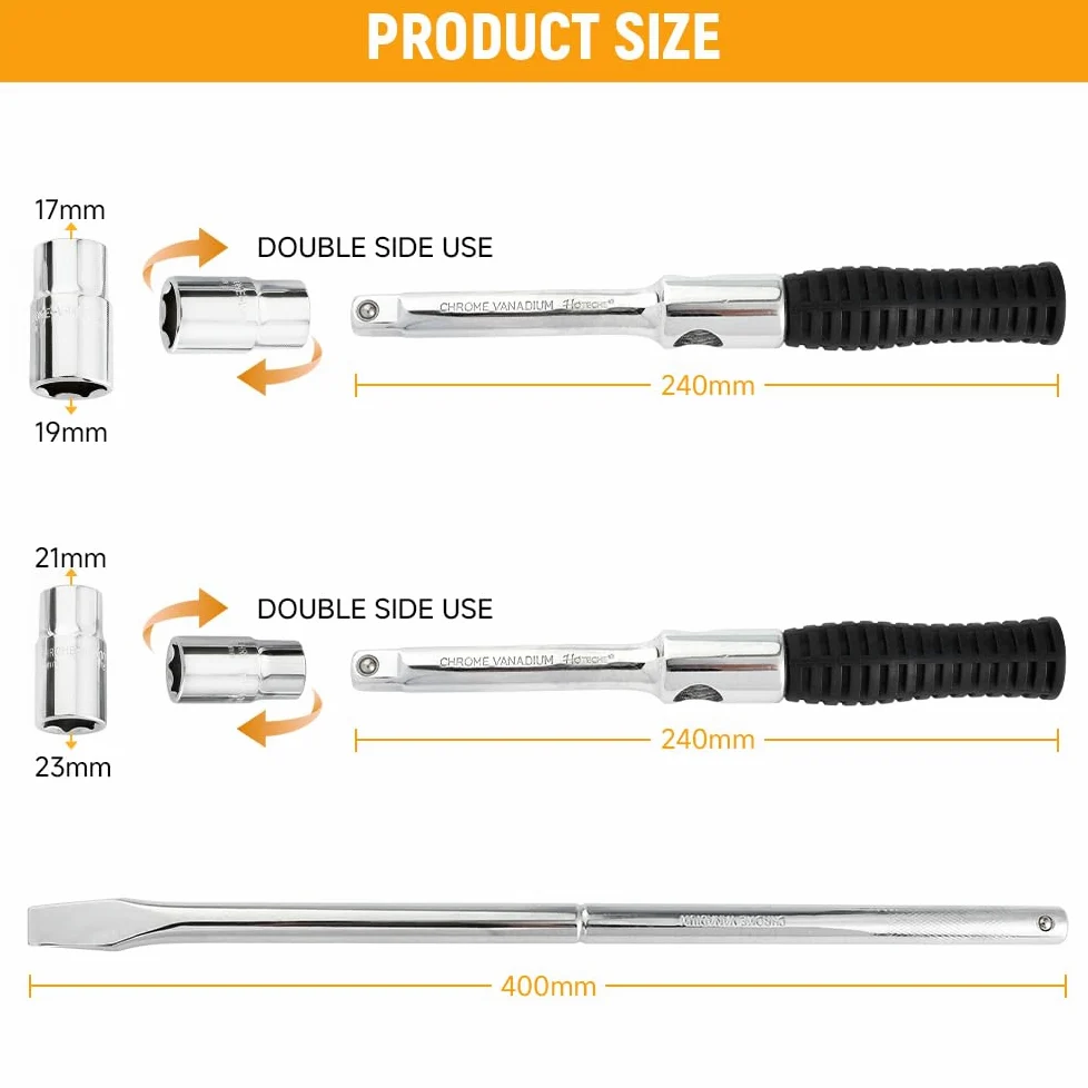 Hoteche Llave combinada para tuercas de rueda, llave cruzada – Varilla CRV, acero al cromo vanadio, 17 x 19 y 21 x 23 tuercas, incluye bolsa de tela Oxford 600D, herramienta profesional de cruz para