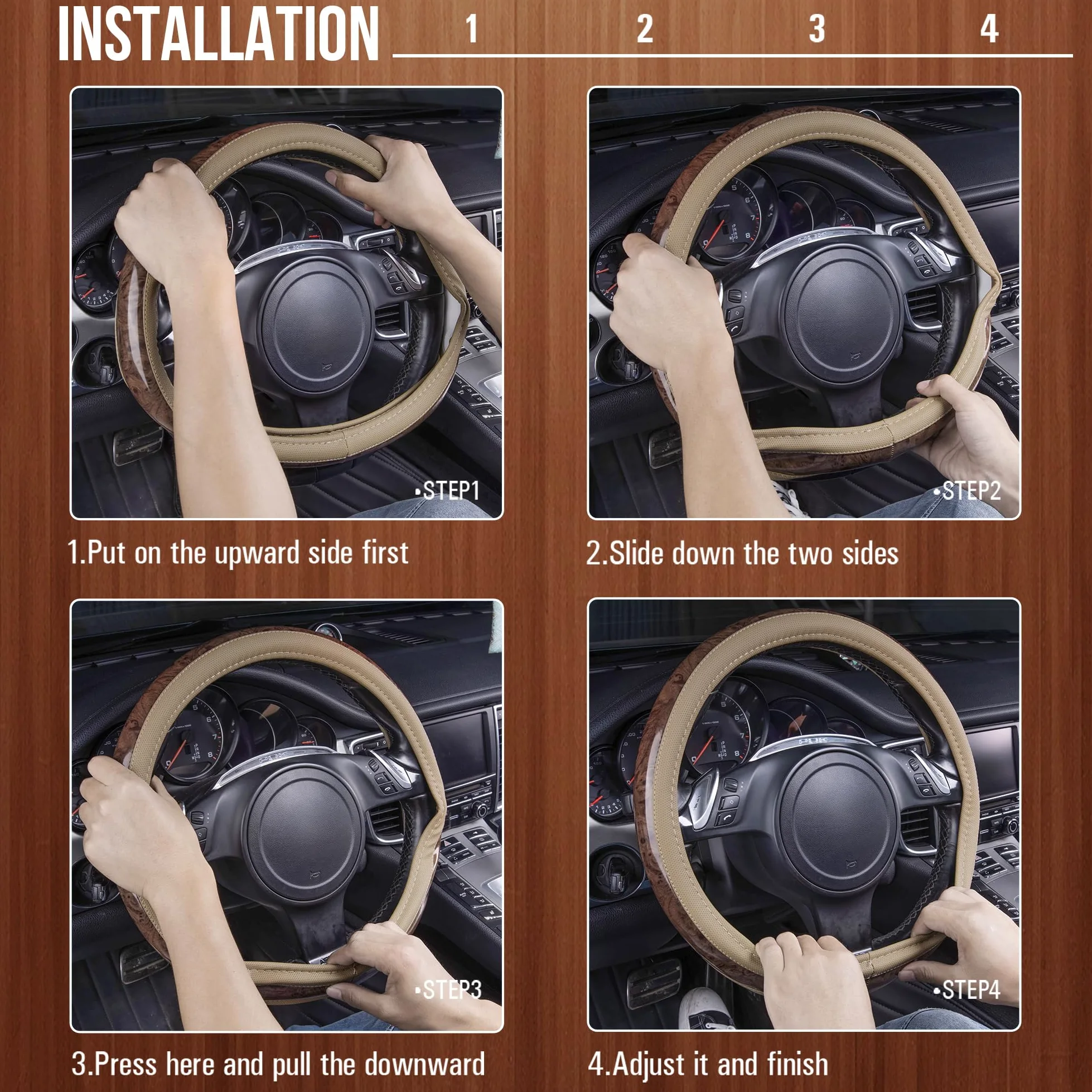 CAR PASS Fundas de Volante de Cuero de Grano de Madera de Ajuste Universal para SUV, Camiones, sedanes, diseño Antideslizante (Beige)