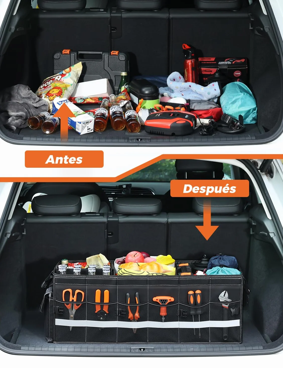 Oasser Organizador Maletero Coche 75L Grande 3 Compartimentos Tapa Desmontable Plegable Antideslizante 1 Bolsillo Grande 6 Bolsas Laterales Malla