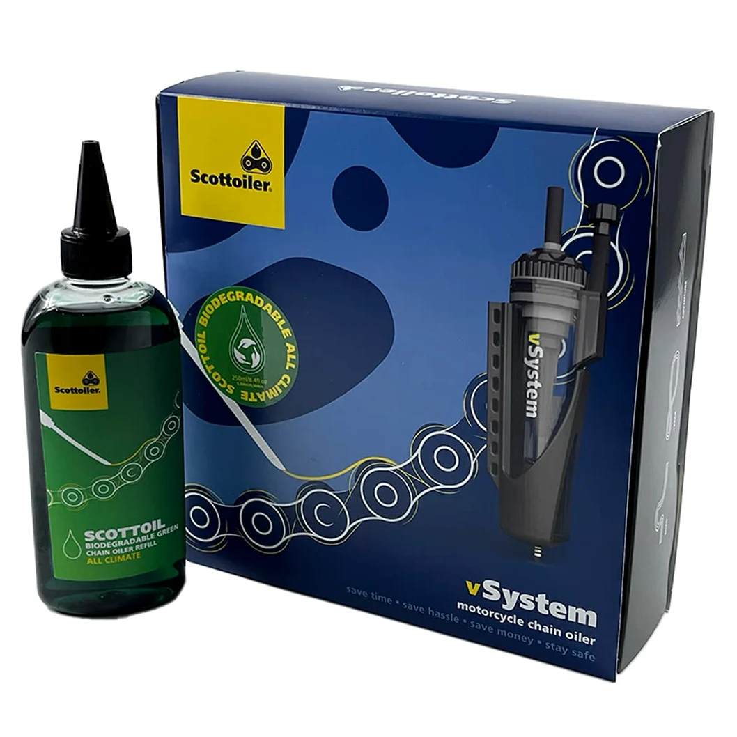 Scottoiler vSystem Sistema Automático de Lubricación de Cadena de Motocicleta con Scottoil Verde Biodegradable e Inyector Dual Scorpion - Bundle Aplicador de Alimentación Dual…