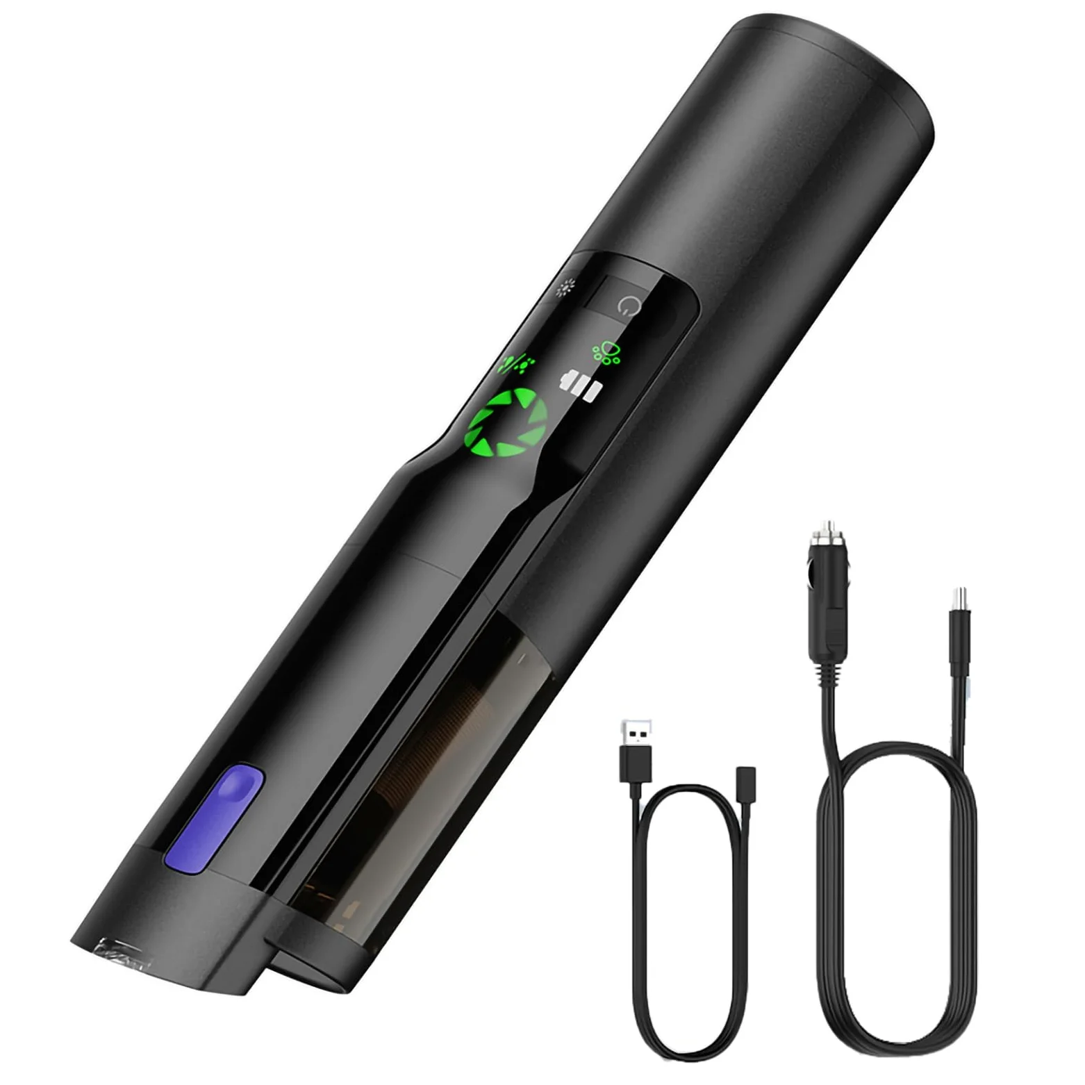 Aspiradora para Coche con Potente succión de 17000 Pa, Modo de luz Verde, 2500 mAh*3, 2 en 1 con boquillas de inflado, autonomía de 40 Minutos, para Coche y hogar,Black
