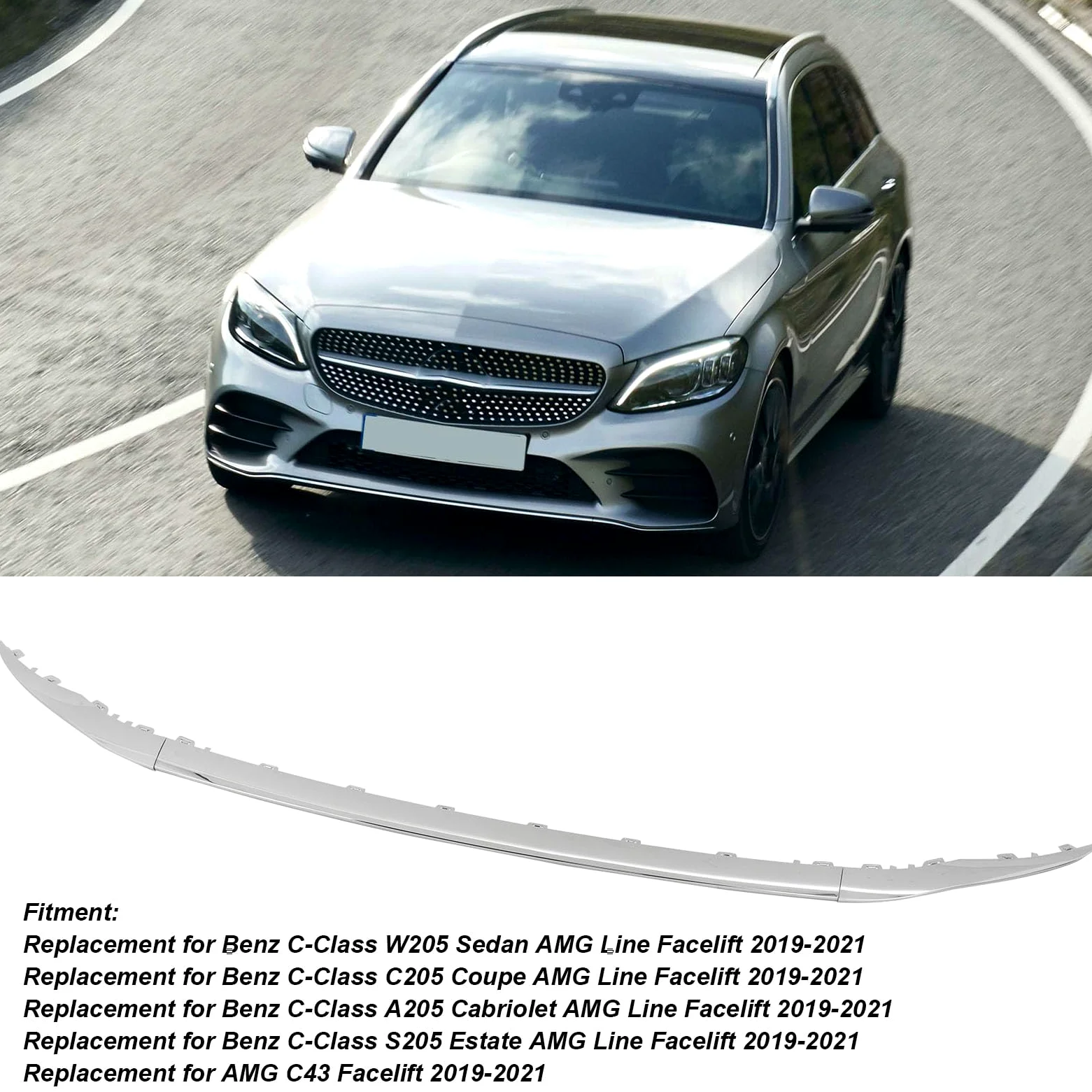 Moldura del Parachoques Delantero Embellecedor Inferior de Parachoques Delantero Cromado 2058858602, Repuesto para Clase C W205 Line Facelift 2019 a 2021