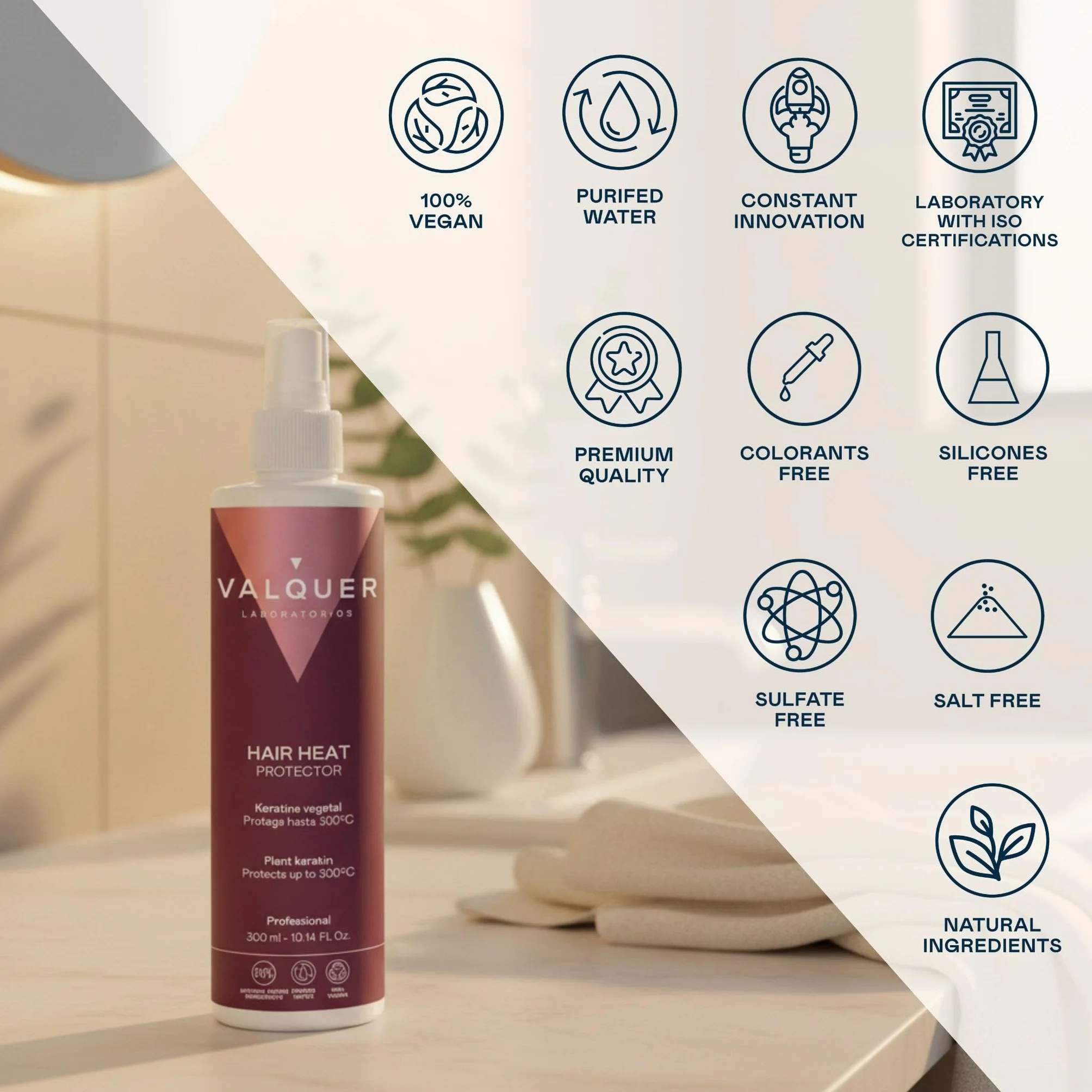 VALQUER Protector Térmico Capilar en Spray 300 ml Protege del Calor Keratina Vegano