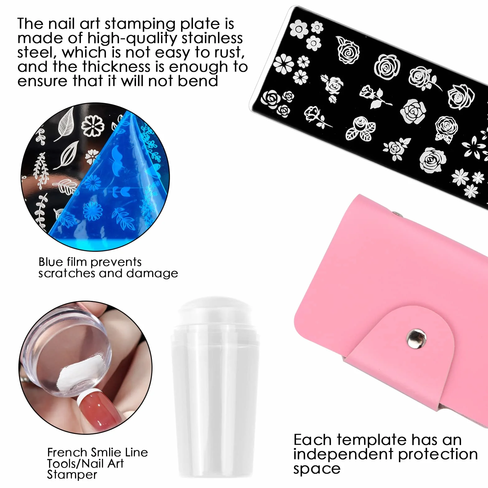 Nail Art Stamping Kit Plantillas para Uñas con Bolso Placas Sello Raspador Silicona