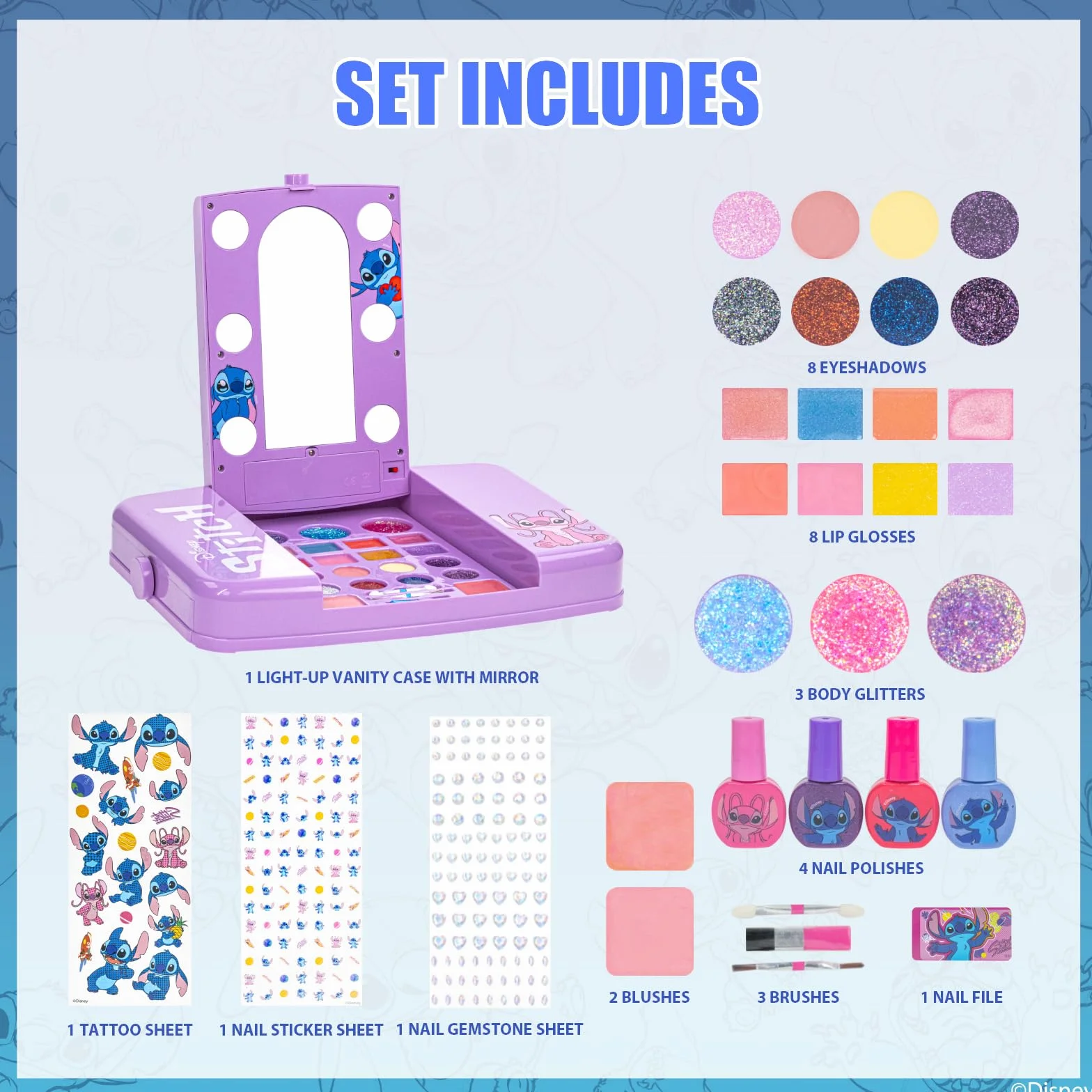 Stitch Set Maquillaje con Espejo Luminoso Gloss y Esmalte
