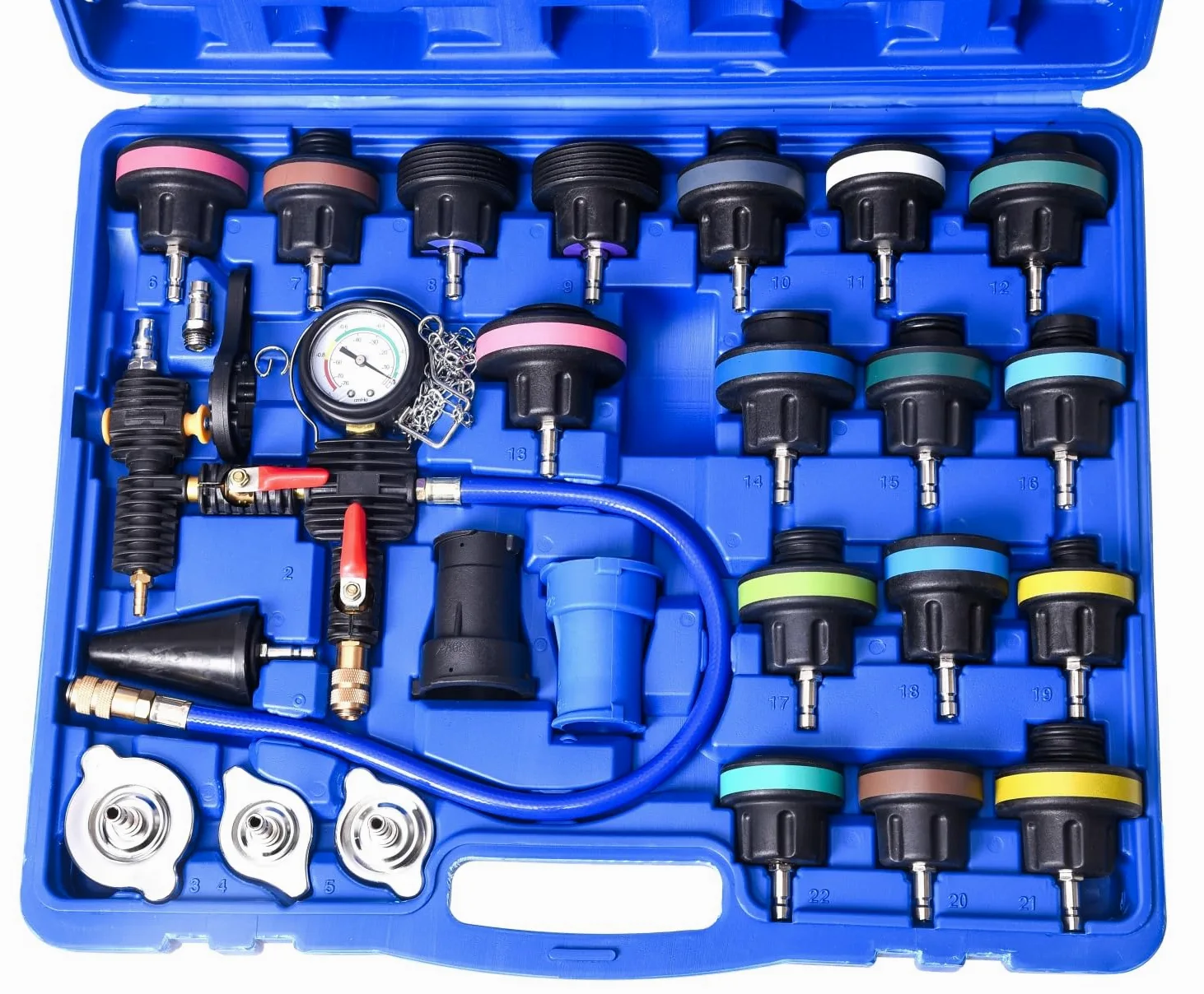 Kit de comprobador de presión del radiador del sistema de enfriamiento de 28 piezas, comprobador de presión del refrigerante del radiador, comprobador de detector de fugas de agua del automóvil, co